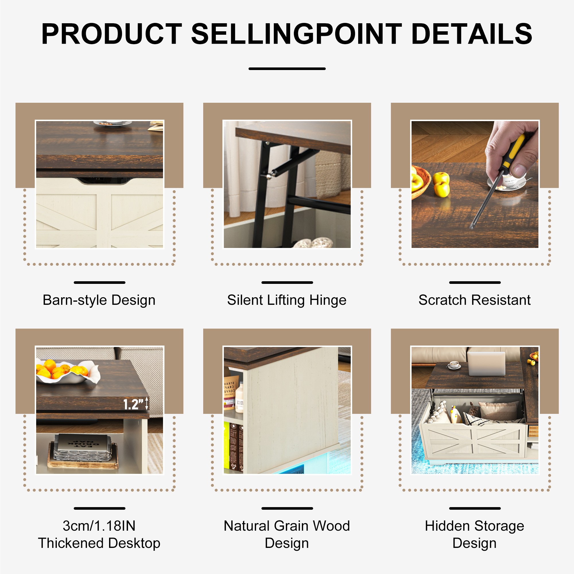 ANPOO 90°/180° Rotating Lift Top Coffee Table W/ LED Lights & Power Outlets, 57"-90" Extendable Farmhouse Coffee Table with Hidden Storage, L-Shaped Coffee Table for Living Room