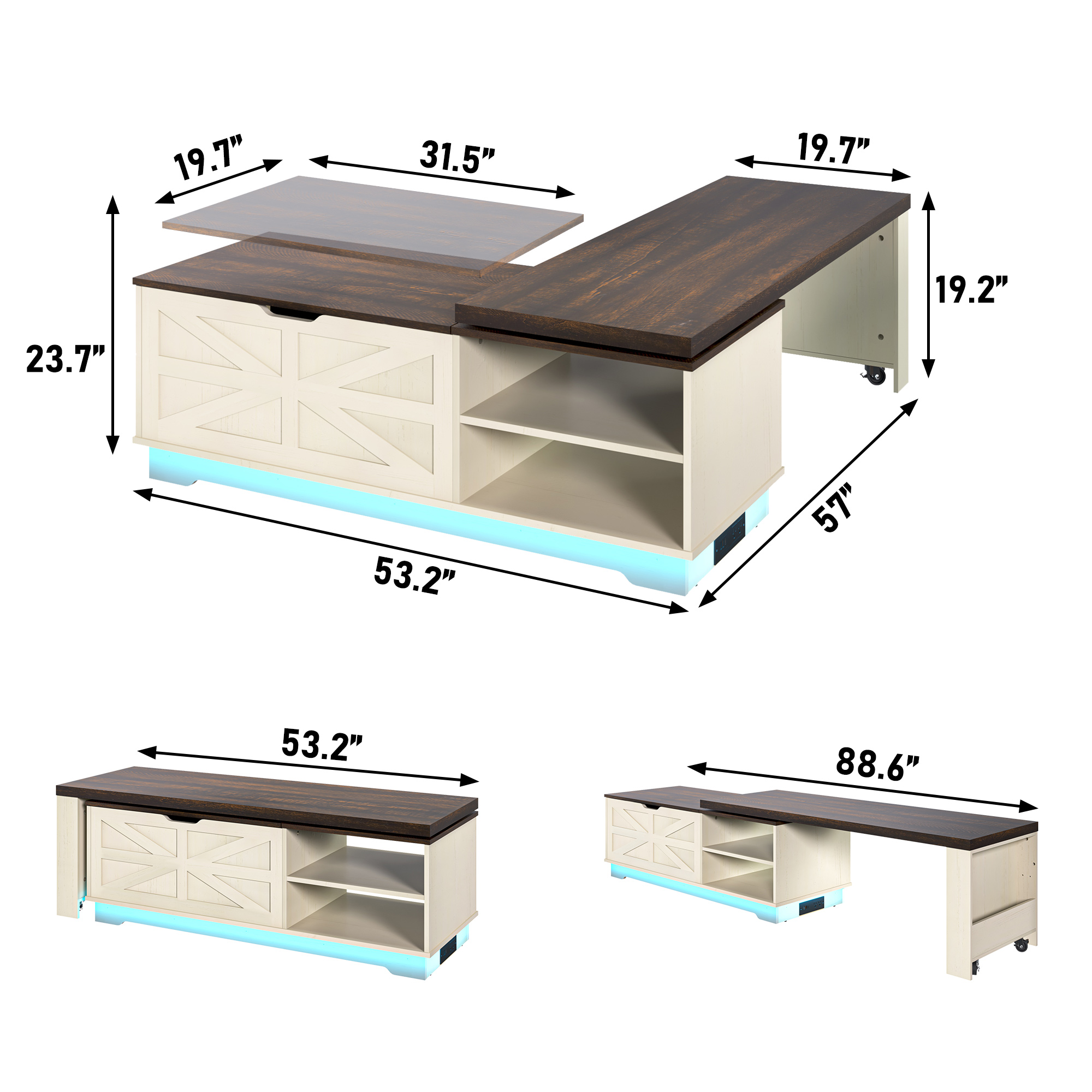 ANPOO 90°/180° Rotating Lift Top Coffee Table W/ LED Lights & Power Outlets, 57"-90" Extendable Farmhouse Coffee Table with Hidden Storage, L-Shaped Coffee Table for Living Room