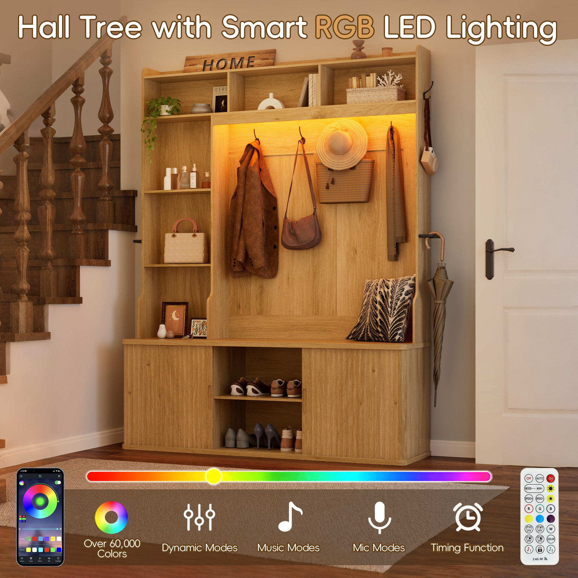 Blotout Modern Fluted Hall Tree with Smart RGB LED Light, 59" All-in-One Entryway Coat Rack with Shoe Storage Bench, Adjustable Shelves, 6 Hooks & Umbrella Racks, Freestanding Hallway Organizer