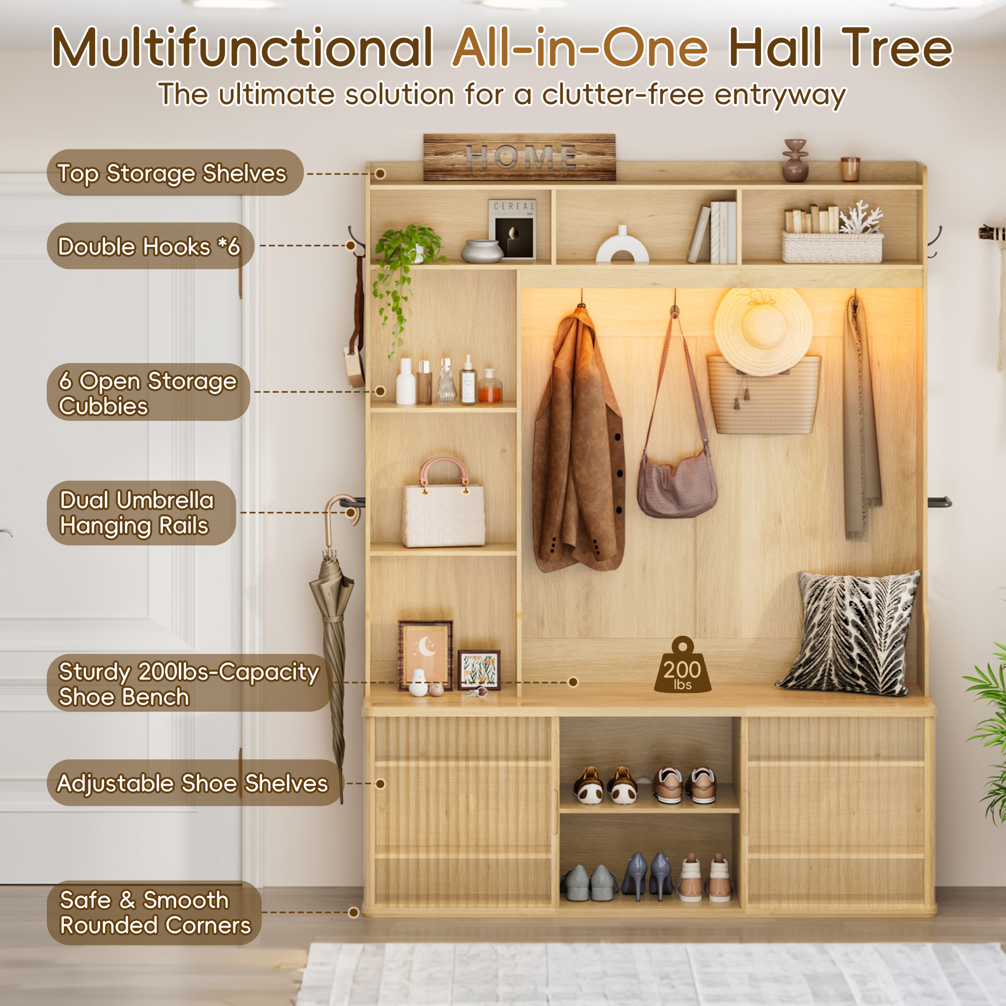 Blotout Modern Fluted Hall Tree with Smart RGB LED Light, 59" All-in-One Entryway Coat Rack with Shoe Storage Bench, Adjustable Shelves, 6 Hooks & Umbrella Racks, Freestanding Hallway Organizer