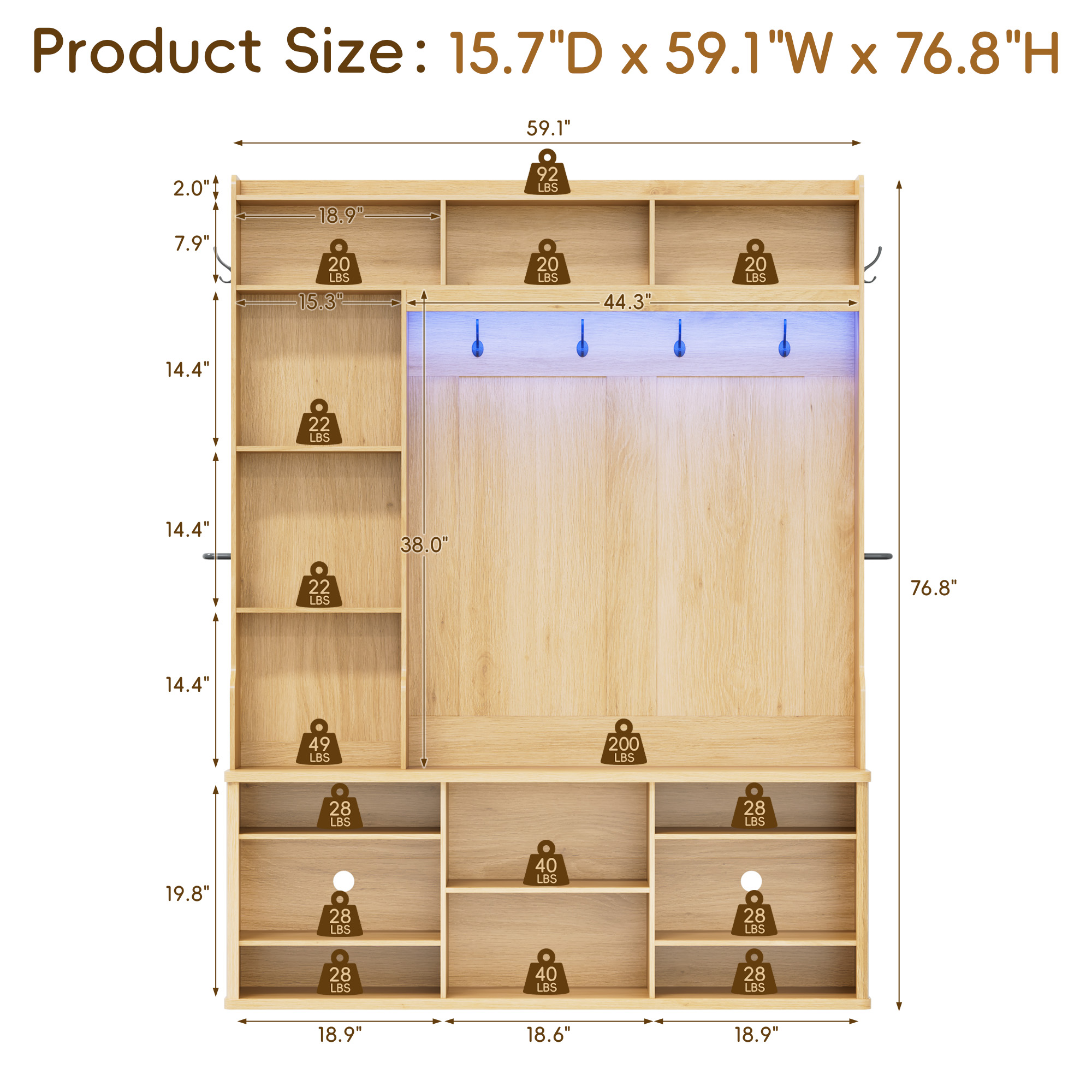 Blotout Modern Fluted Hall Tree with Smart RGB LED Light, 59" All-in-One Entryway Coat Rack with Shoe Storage Bench, Adjustable Shelves, 6 Hooks & Umbrella Racks, Freestanding Hallway Organizer