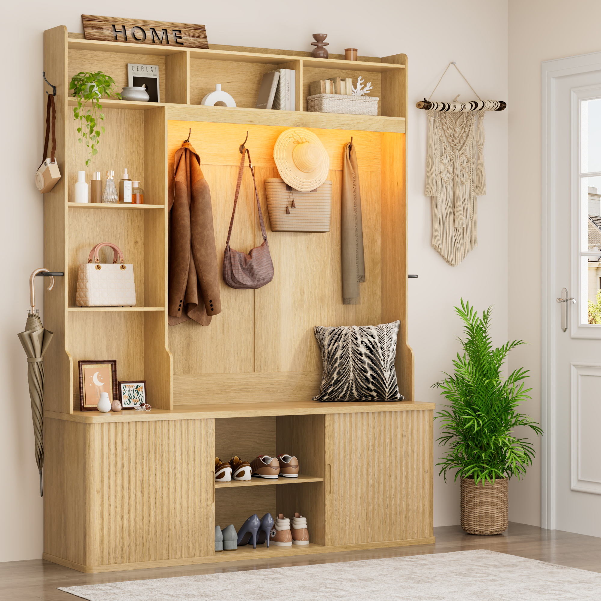 Blotout Modern Fluted Hall Tree with Smart RGB LED Light, 59" All-in-One Entryway Coat Rack with Shoe Storage Bench, Adjustable Shelves, 6 Hooks & Umbrella Racks, Freestanding Hallway Organizer