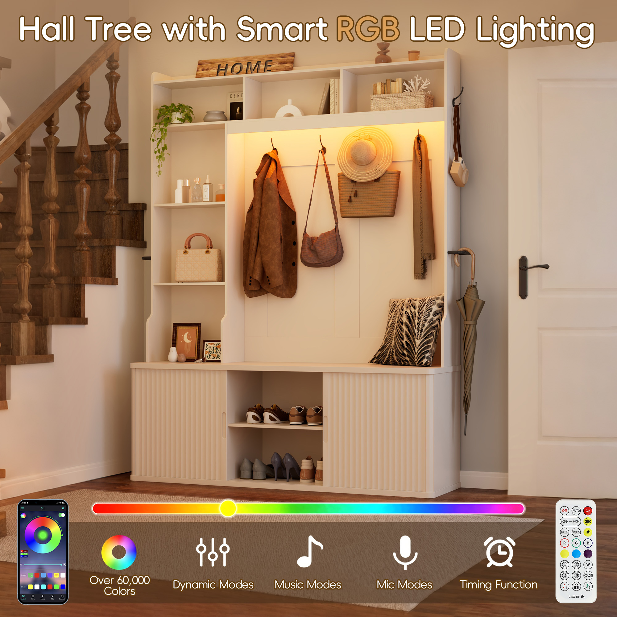 Blotout Modern Fluted Hall Tree with Smart RGB LED Light, 59" All-in-One Entryway Coat Rack with Shoe Storage Bench, Adjustable Shelves, 6 Hooks & Umbrella Racks, Freestanding Hallway Organizer