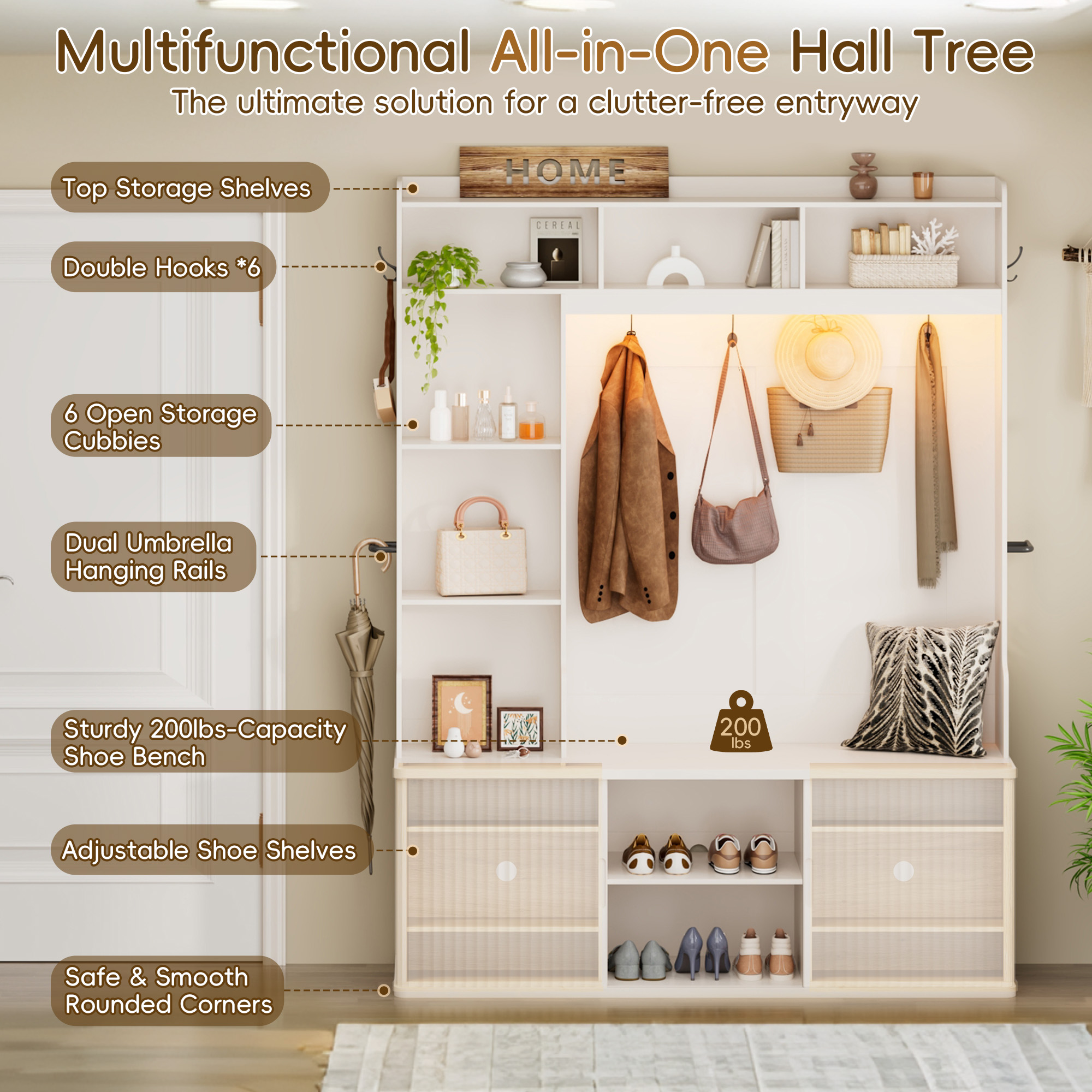Blotout Modern Fluted Hall Tree with Smart RGB LED Light, 59" All-in-One Entryway Coat Rack with Shoe Storage Bench, Adjustable Shelves, 6 Hooks & Umbrella Racks, Freestanding Hallway Organizer