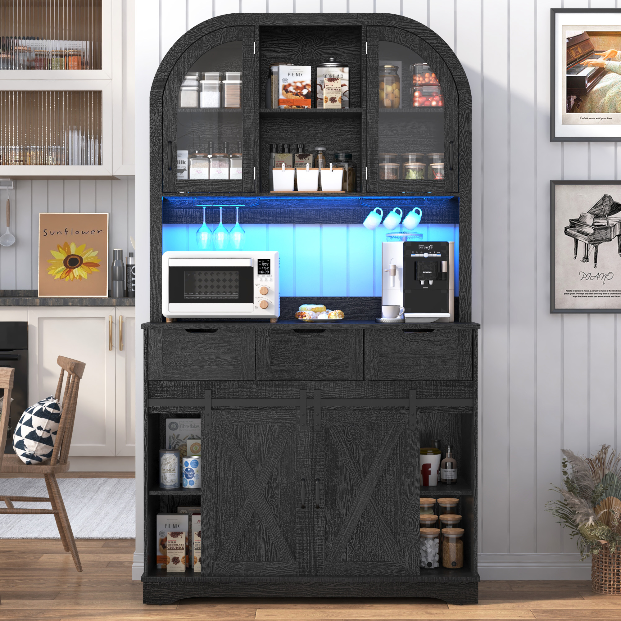 ANPOO 72" Tall Arched Coffee Bar Cabinet with Power Outlet, LED Lights & Sliding Barn Door, Farmhouse 42" W Kitchen Hutch Storage Cabinet with 4 Drawers for Home Bar