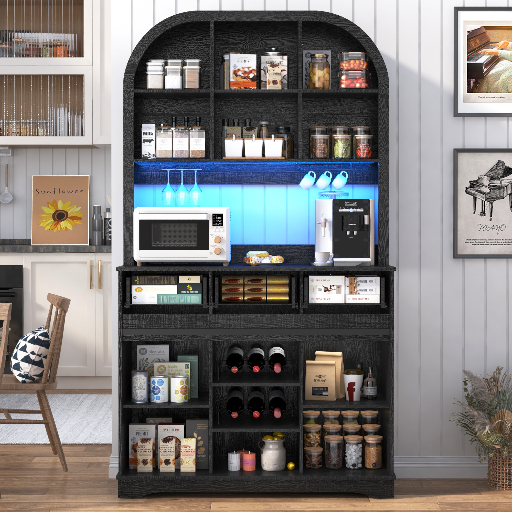 ANPOO 72" Tall Arched Coffee Bar Cabinet with Power Outlet, LED Lights & Sliding Barn Door, Farmhouse 42" W Kitchen Hutch Storage Cabinet with 4 Drawers for Home Bar