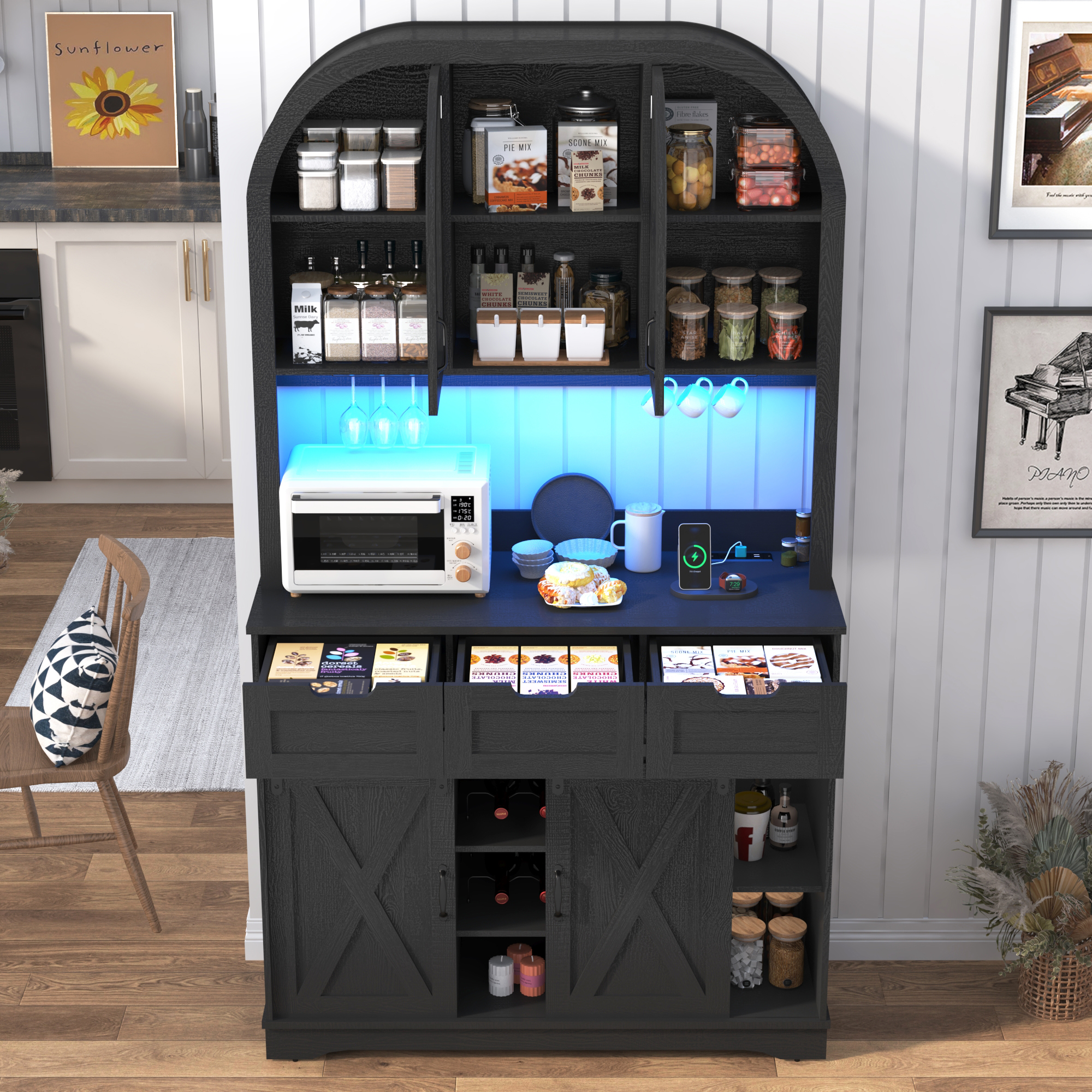 ANPOO 72" Tall Arched Coffee Bar Cabinet with Power Outlet, LED Lights & Sliding Barn Door, Farmhouse 42" W Kitchen Hutch Storage Cabinet with 4 Drawers for Home Bar