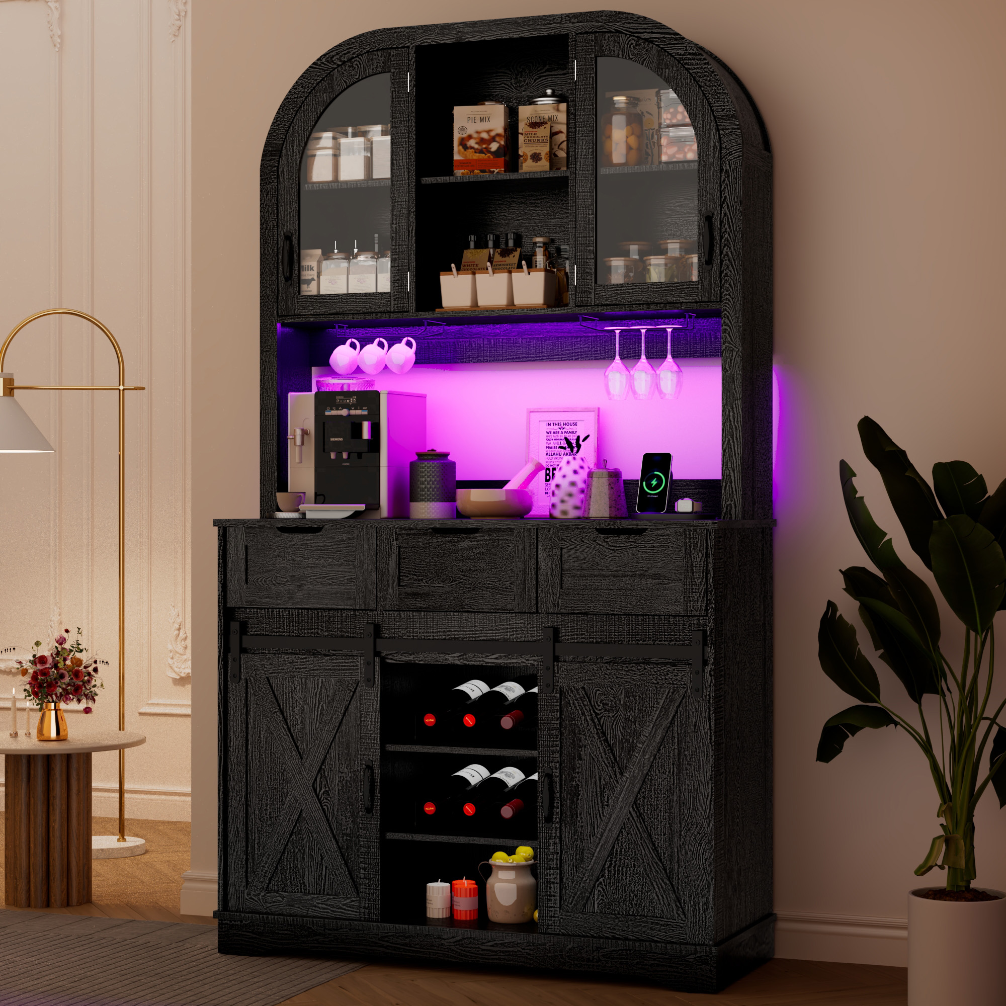 ANPOO 72" Tall Arched Coffee Bar Cabinet with Power Outlet, LED Lights & Sliding Barn Door, Farmhouse 42" W Kitchen Hutch Storage Cabinet with 4 Drawers for Home Bar