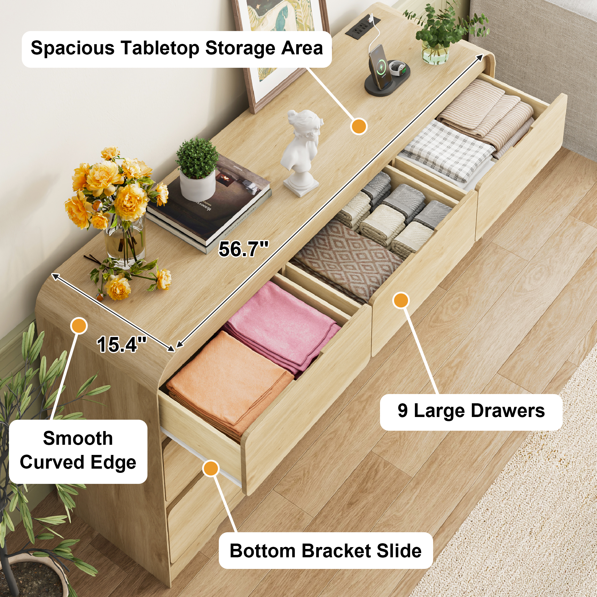 ANPOO Modern 9 Drawers Dresser for Bedroom, 63"W Dressers & Chest of Drawers w/Power Outlet, Curved Profile Design, Wood Mid Century Storage Cabinet, Natural Texture, for Bedroom