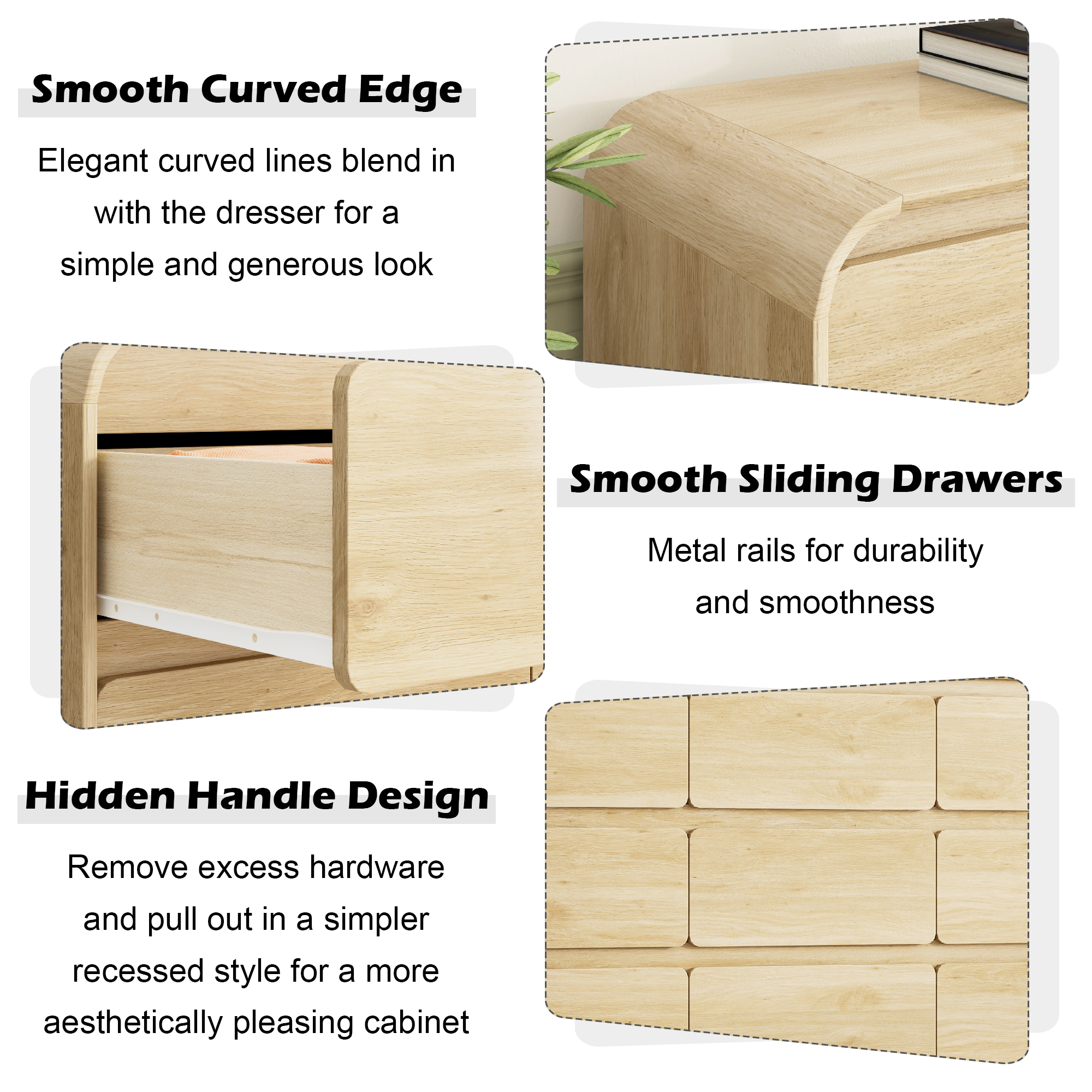 ANPOO Modern 9 Drawers Dresser for Bedroom, 63"W Dressers & Chest of Drawers w/Power Outlet, Curved Profile Design, Wood Mid Century Storage Cabinet, Natural Texture, for Bedroom