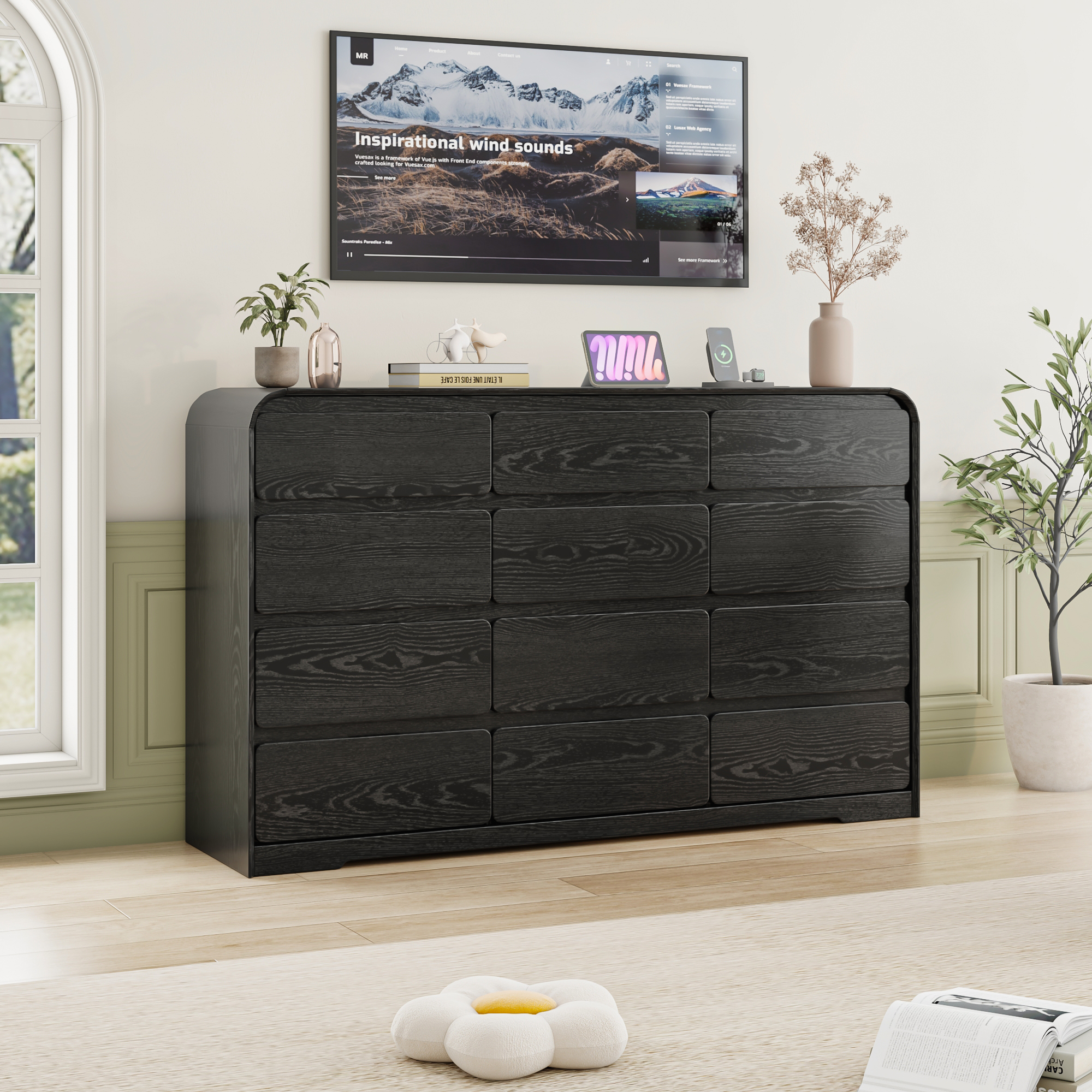 ANPOO 12 Drawers Dresser for Bedroom, 63"W Dressers & Chest of Drawers w/Power Outlet, Curved Design, Wood Mid Century Storage Cabinet, Natural Texture, for Bedroom, Hallway