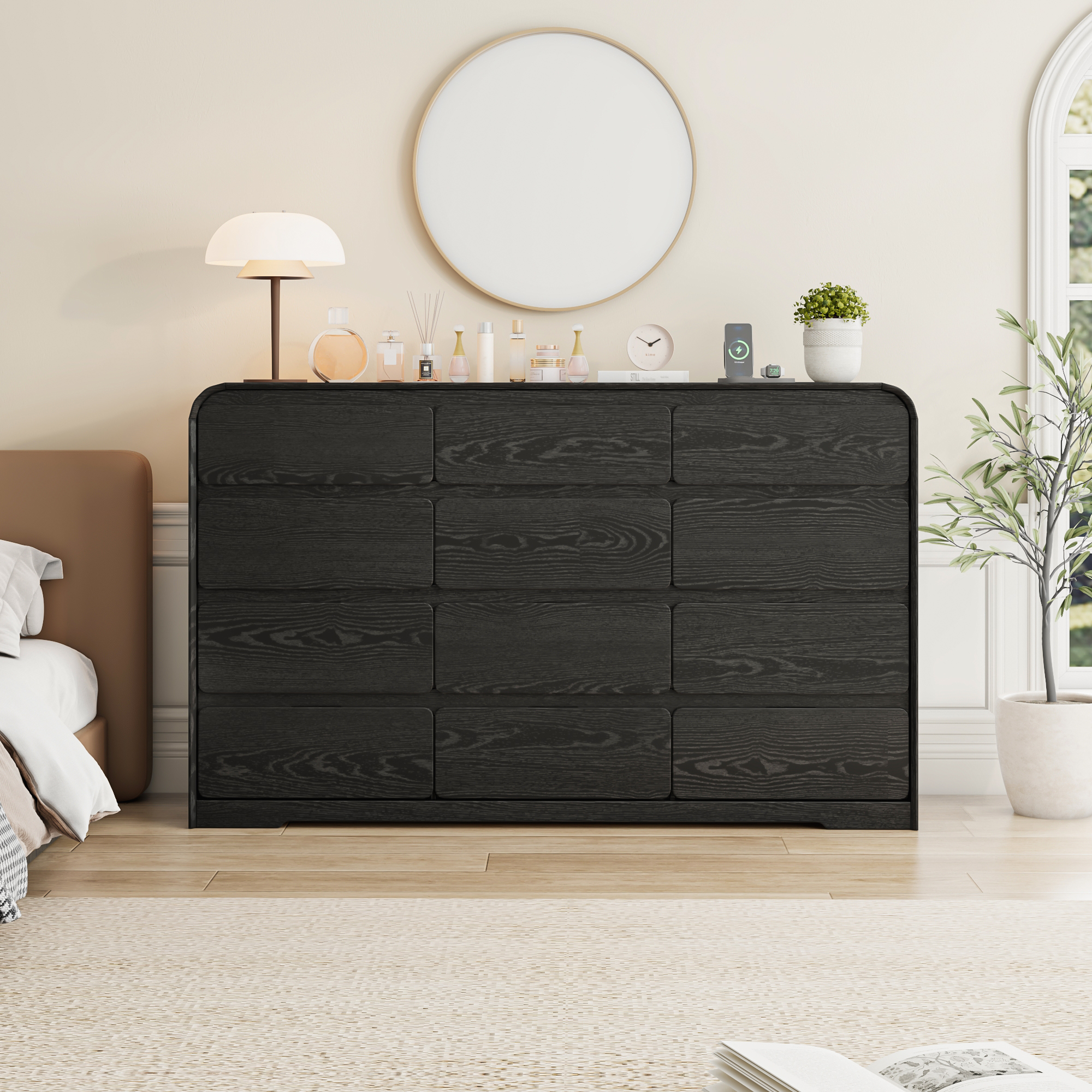 ANPOO 12 Drawers Dresser for Bedroom, 63"W Dressers & Chest of Drawers w/Power Outlet, Curved Design, Wood Mid Century Storage Cabinet, Natural Texture, for Bedroom, Hallway