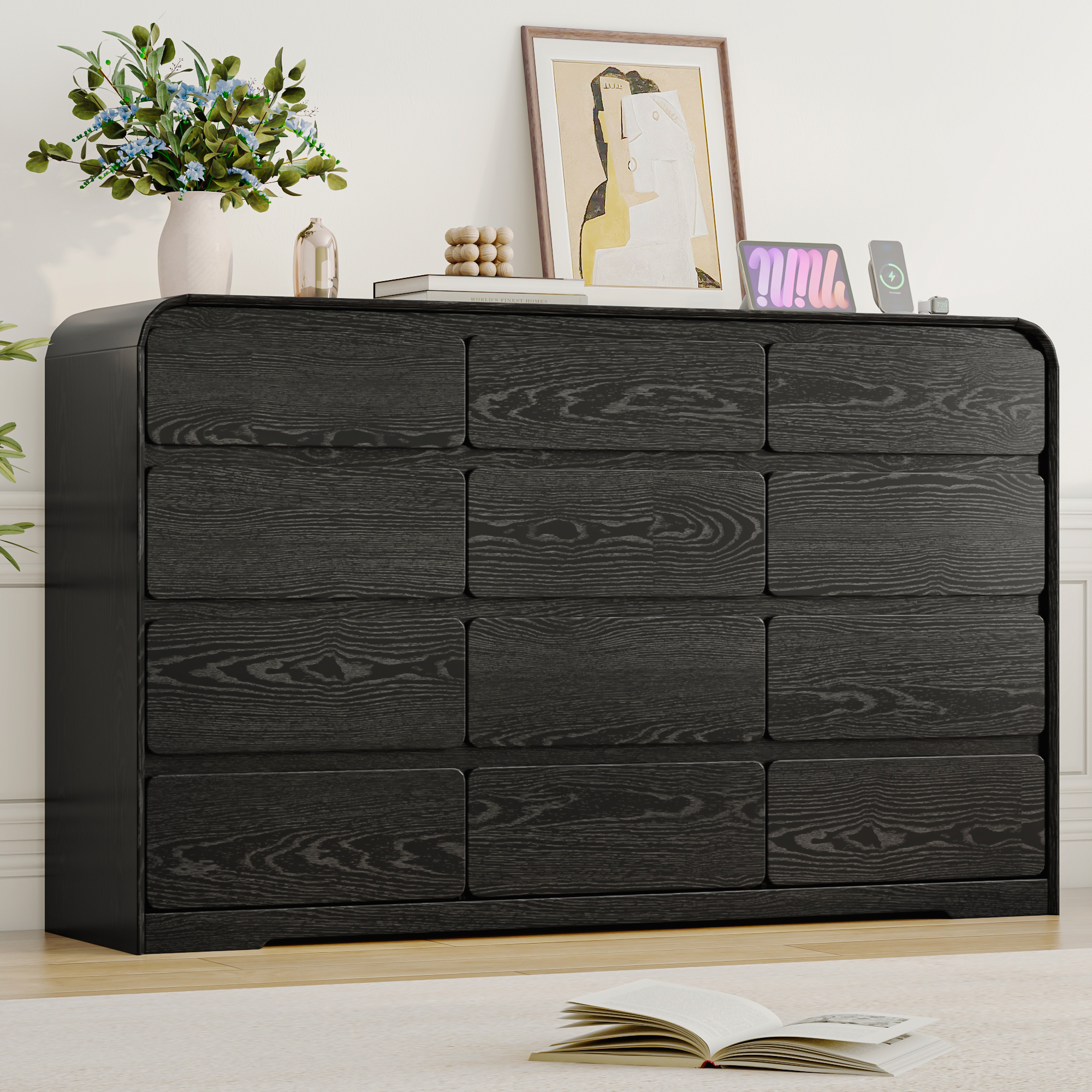 ANPOO 12 Drawers Dresser for Bedroom, 63"W Dressers & Chest of Drawers w/Power Outlet, Curved Design, Wood Mid Century Storage Cabinet, Natural Texture, for Bedroom, Hallway