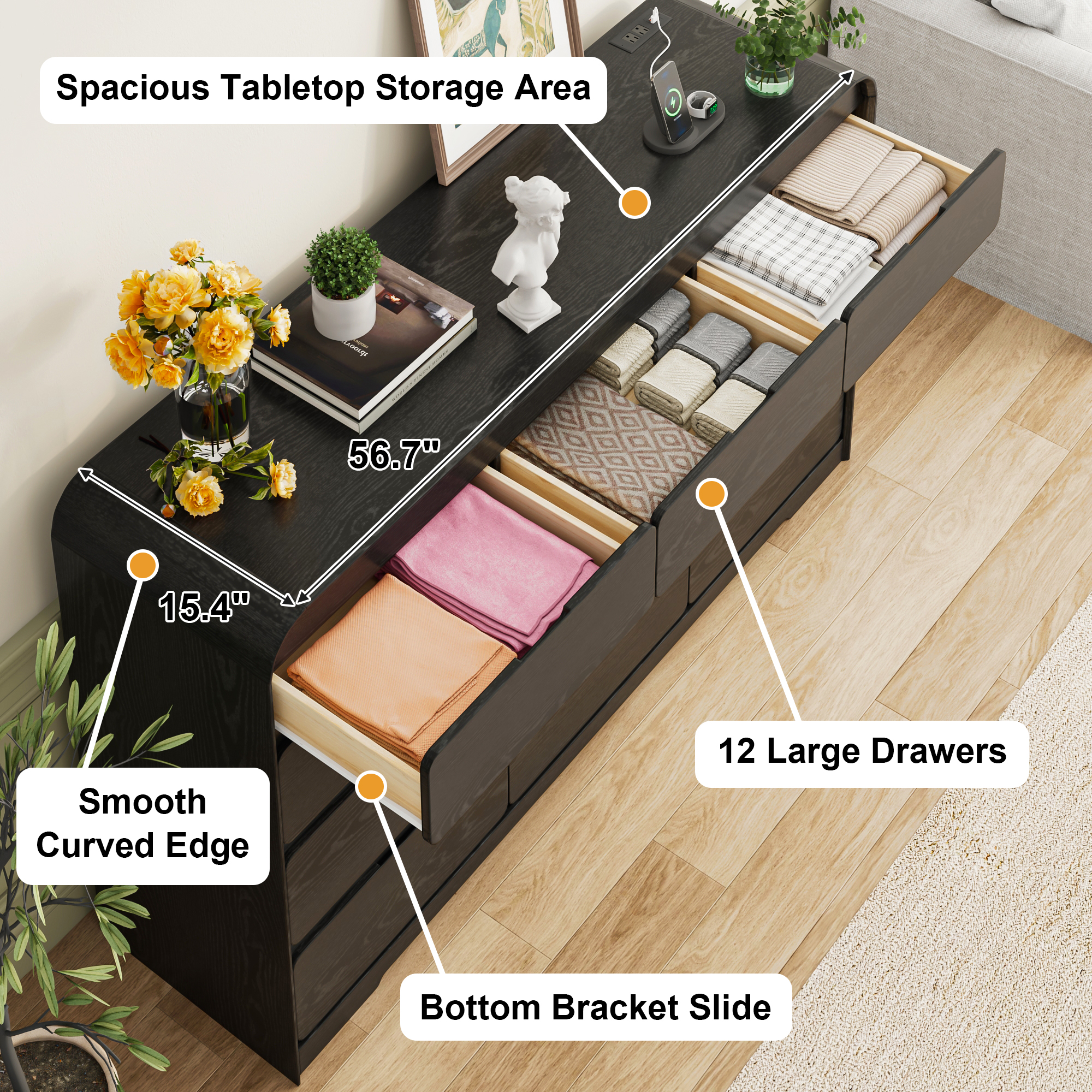 ANPOO 12 Drawers Dresser for Bedroom, 63"W Dressers & Chest of Drawers w/Power Outlet, Curved Design, Wood Mid Century Storage Cabinet, Natural Texture, for Bedroom, Hallway