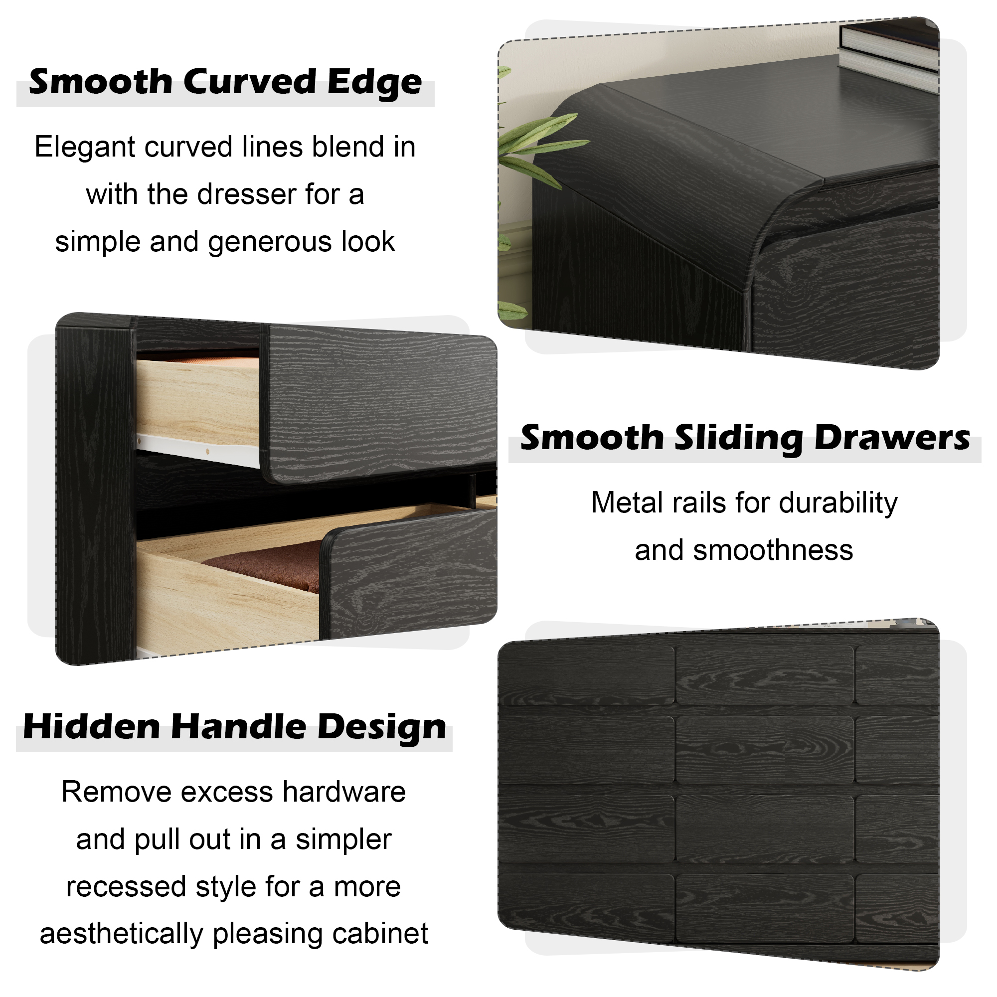 ANPOO 12 Drawers Dresser for Bedroom, 63"W Dressers & Chest of Drawers w/Power Outlet, Curved Design, Wood Mid Century Storage Cabinet, Natural Texture, for Bedroom, Hallway