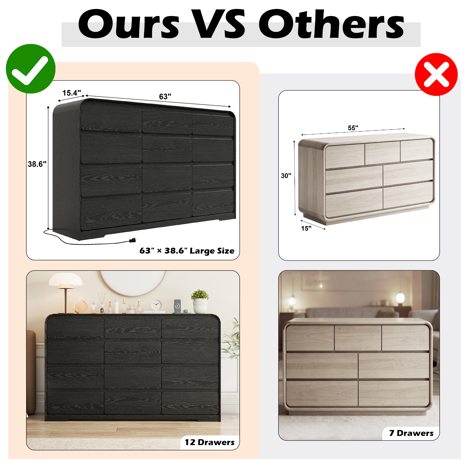 ANPOO 12 Drawers Dresser for Bedroom, 63"W Dressers & Chest of Drawers w/Power Outlet, Curved Design, Wood Mid Century Storage Cabinet, Natural Texture, for Bedroom, Hallway