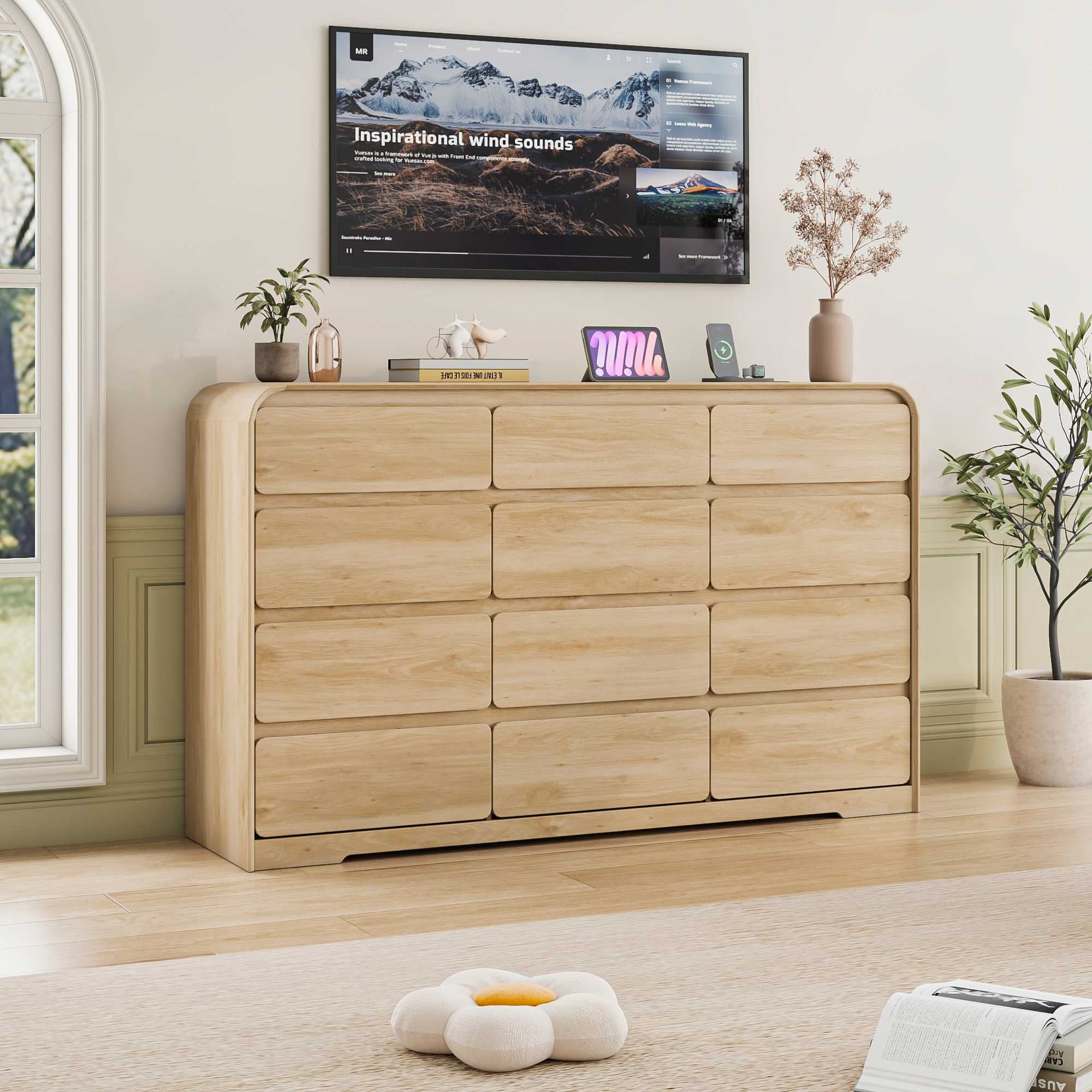 ANPOO 12 Drawers Dresser for Bedroom, 63"W Dressers & Chest of Drawers w/Power Outlet, Curved Design, Wood Mid Century Storage Cabinet, Natural Texture, for Bedroom, Hallway