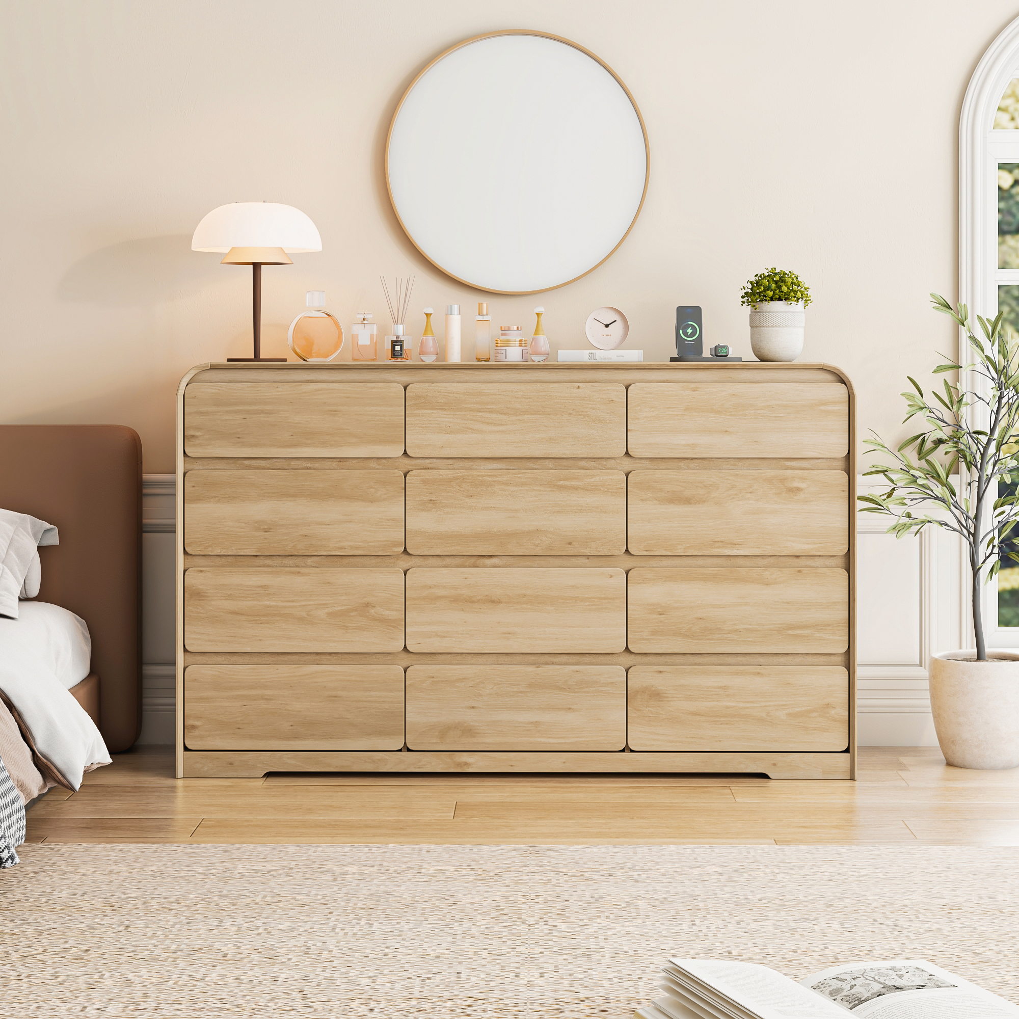 ANPOO 12 Drawers Dresser for Bedroom, 63"W Dressers & Chest of Drawers w/Power Outlet, Curved Design, Wood Mid Century Storage Cabinet, Natural Texture, for Bedroom, Hallway