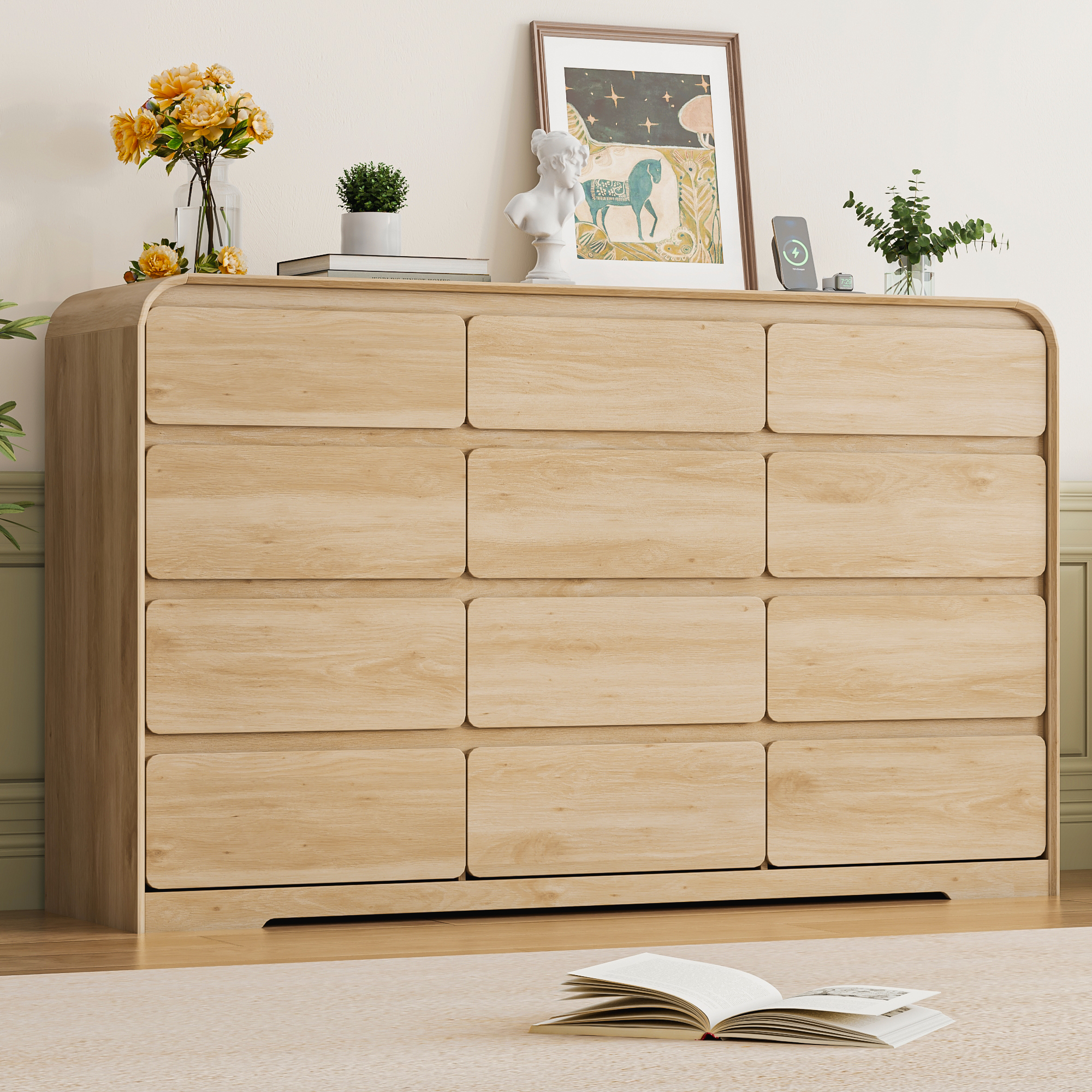 ANPOO 12 Drawers Dresser for Bedroom, 63"W Dressers & Chest of Drawers w/Power Outlet, Curved Design, Wood Mid Century Storage Cabinet, Natural Texture, for Bedroom, Hallway