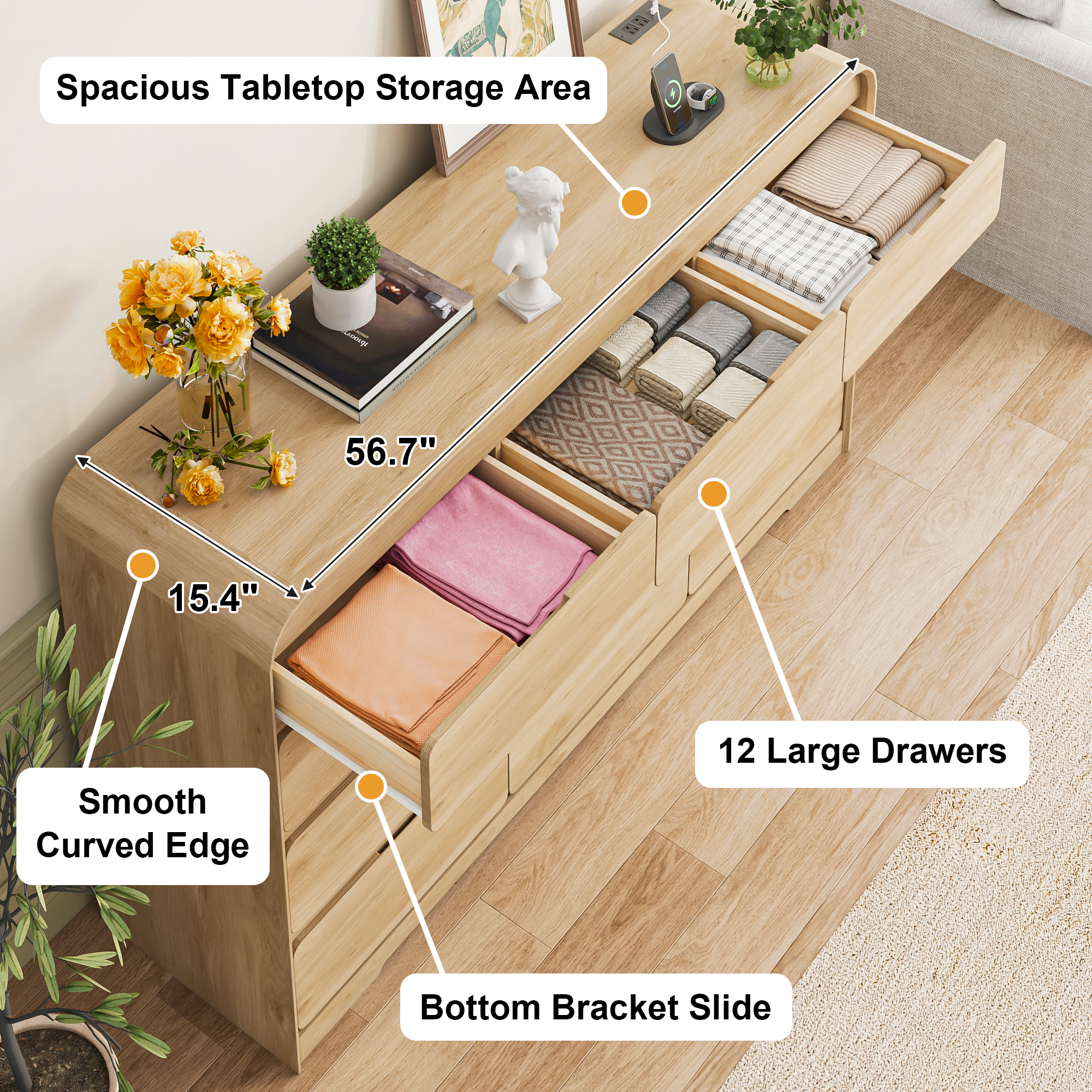 ANPOO 12 Drawers Dresser for Bedroom, 63"W Dressers & Chest of Drawers w/Power Outlet, Curved Design, Wood Mid Century Storage Cabinet, Natural Texture, for Bedroom, Hallway