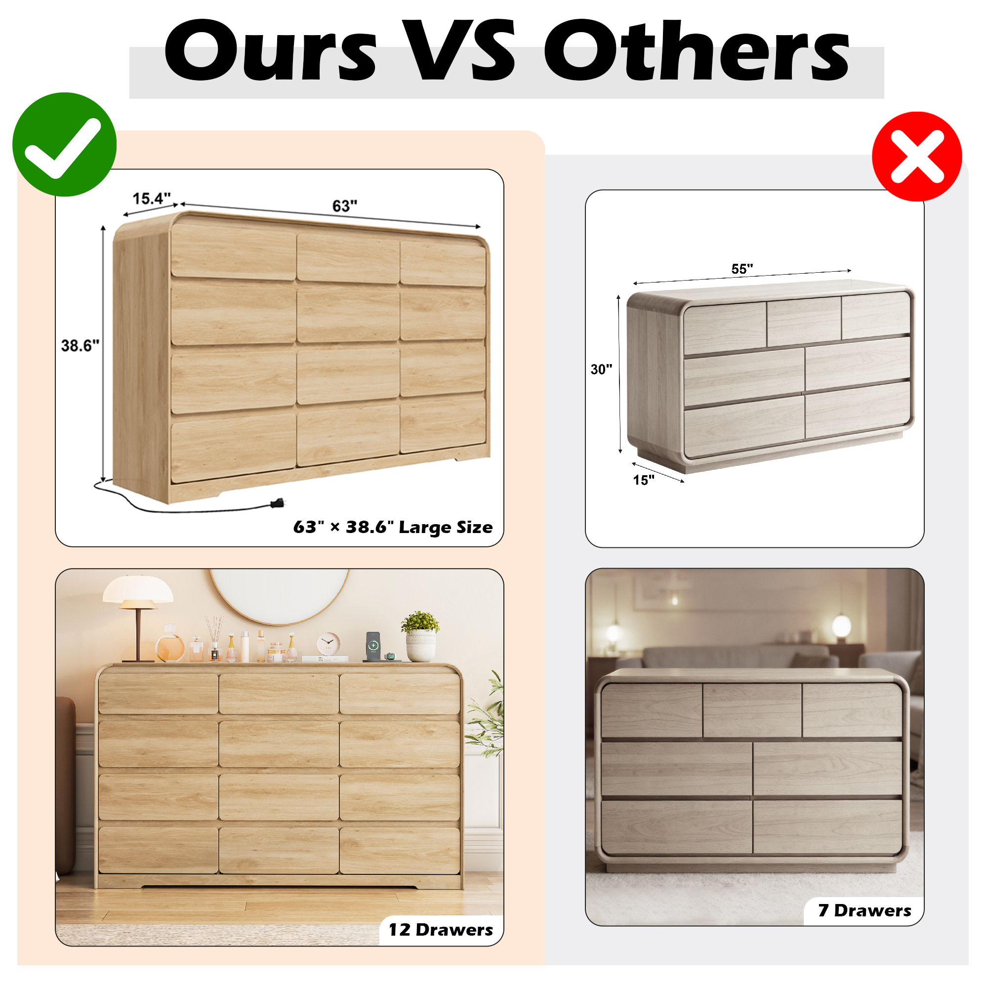 ANPOO 12 Drawers Dresser for Bedroom, 63"W Dressers & Chest of Drawers w/Power Outlet, Curved Design, Wood Mid Century Storage Cabinet, Natural Texture, for Bedroom, Hallway