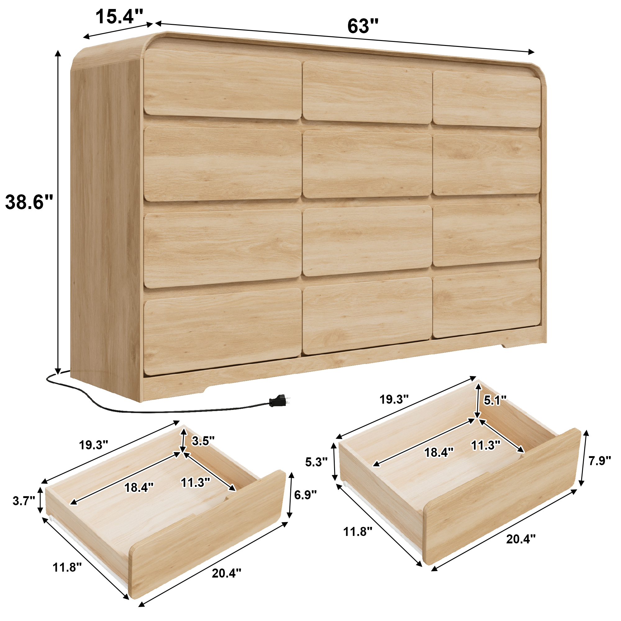 ANPOO 12 Drawers Dresser for Bedroom, 63"W Dressers & Chest of Drawers w/Power Outlet, Curved Design, Wood Mid Century Storage Cabinet, Natural Texture, for Bedroom, Hallway