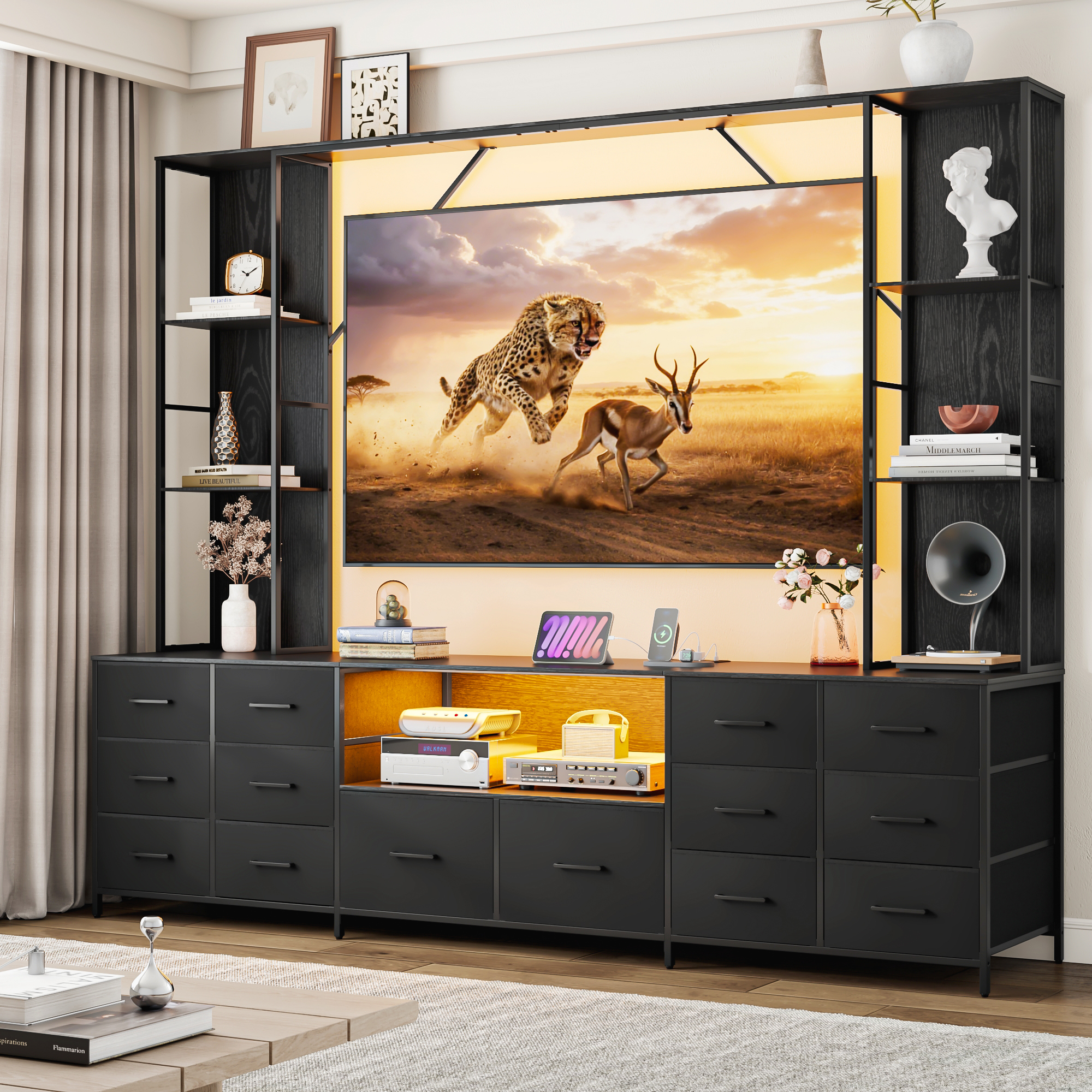 ANPOO 96" Large Wall Unit Entertainment Center with LED Lights & Charging Station, Wall Unit TV Stand with Bookshelves for Living Room, Modern Farmhouse TV Console with 14 Fabric Drawers