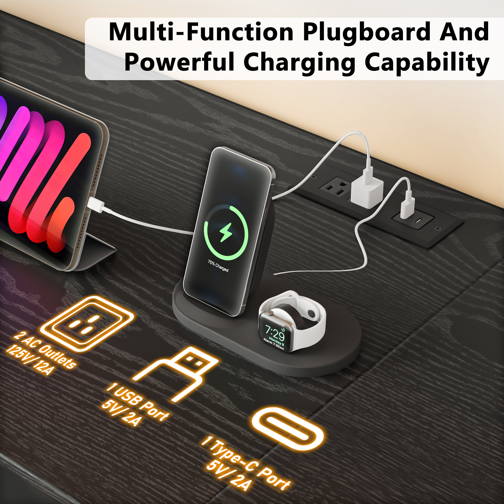 ANPOO 96" Large Wall Unit Entertainment Center with LED Lights & Charging Station, Wall Unit TV Stand with Bookshelves for Living Room, Modern Farmhouse TV Console with 14 Fabric Drawers