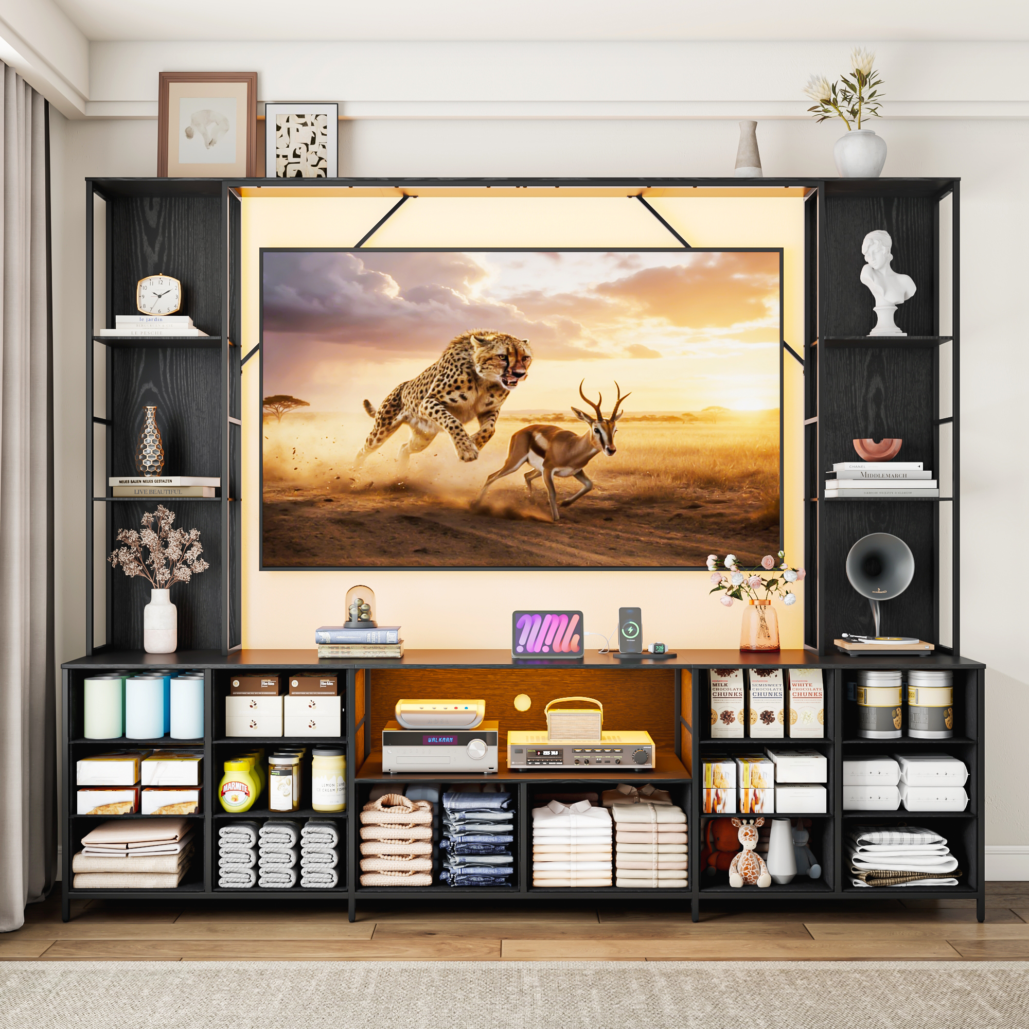 ANPOO 96" Large Wall Unit Entertainment Center with LED Lights & Charging Station, Wall Unit TV Stand with Bookshelves for Living Room, Modern Farmhouse TV Console with 14 Fabric Drawers