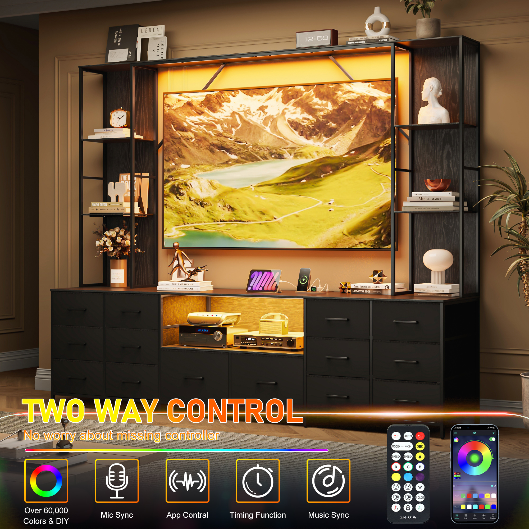 ANPOO 96" Large Wall Unit Entertainment Center with LED Lights & Charging Station, Wall Unit TV Stand with Bookshelves for Living Room, Modern Farmhouse TV Console with 14 Fabric Drawers