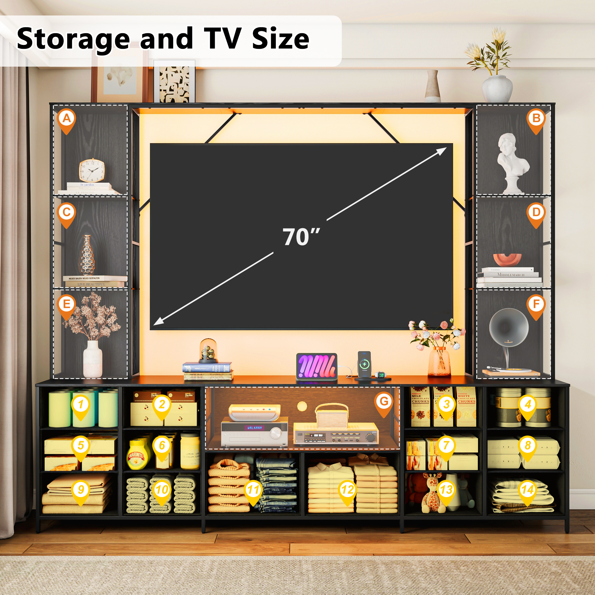 ANPOO 96" Large Wall Unit Entertainment Center with LED Lights & Charging Station, Wall Unit TV Stand with Bookshelves for Living Room, Modern Farmhouse TV Console with 14 Fabric Drawers