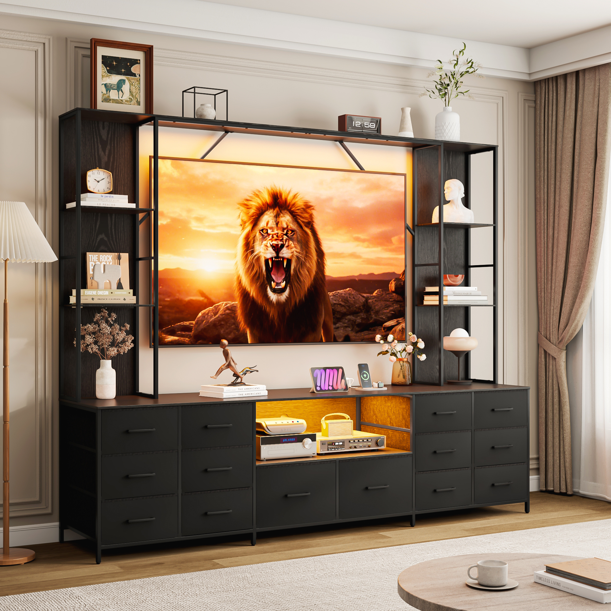 ANPOO 96" Large Wall Unit Entertainment Center with LED Lights & Charging Station, Wall Unit TV Stand with Bookshelves for Living Room, Modern Farmhouse TV Console with 14 Fabric Drawers