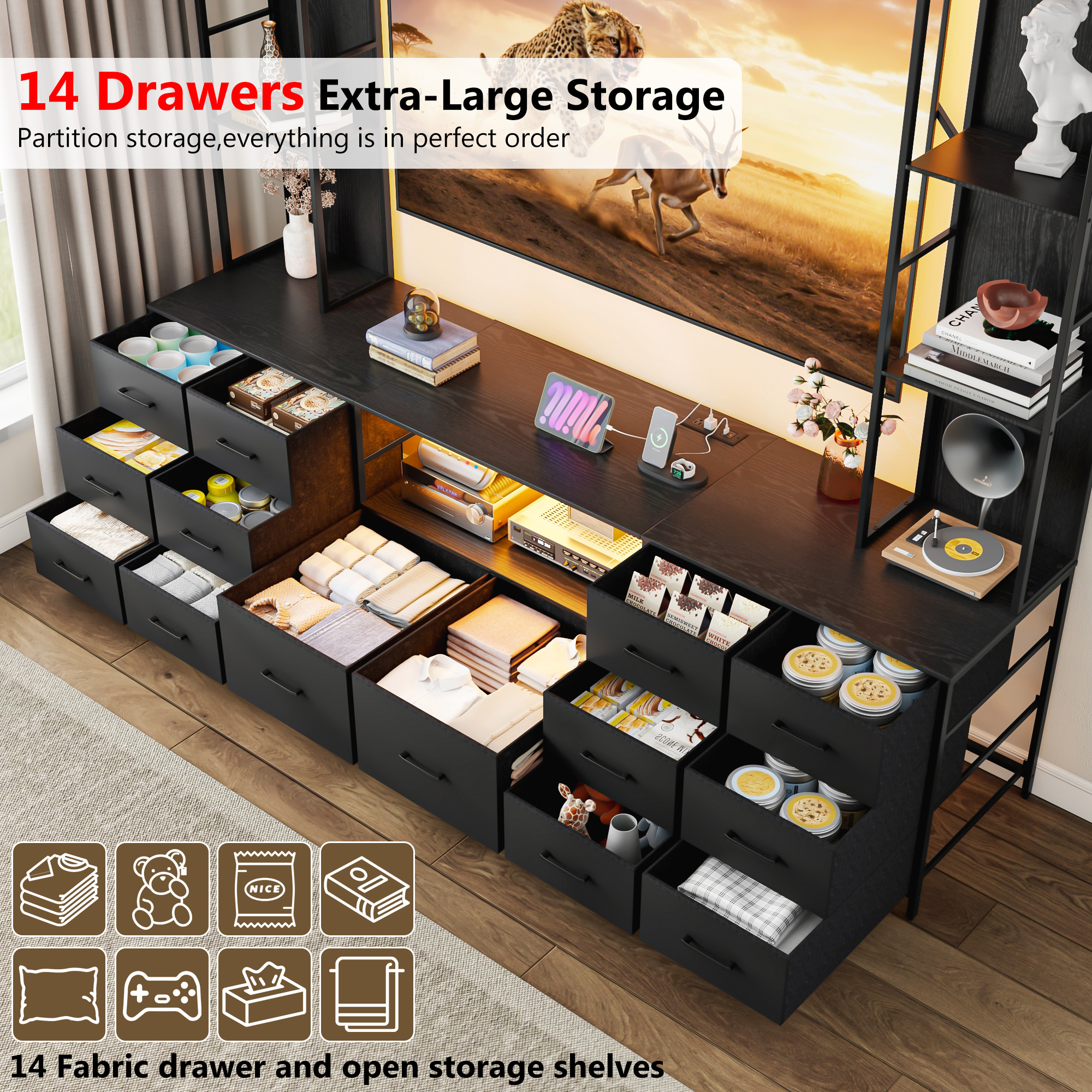 ANPOO 96" Large Wall Unit Entertainment Center with LED Lights & Charging Station, Wall Unit TV Stand with Bookshelves for Living Room, Modern Farmhouse TV Console with 14 Fabric Drawers