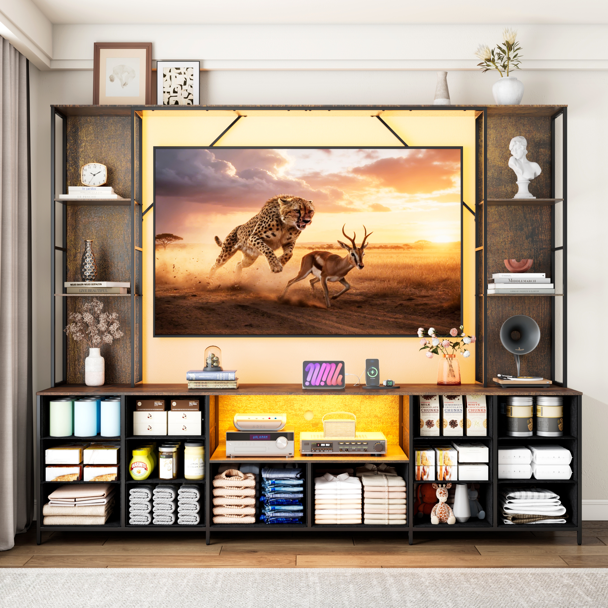 ANPOO 96" Large Wall Unit Entertainment Center with LED Lights & Charging Station, Wall Unit TV Stand with Bookshelves for Living Room, Modern Farmhouse TV Console with 14 Fabric Drawers