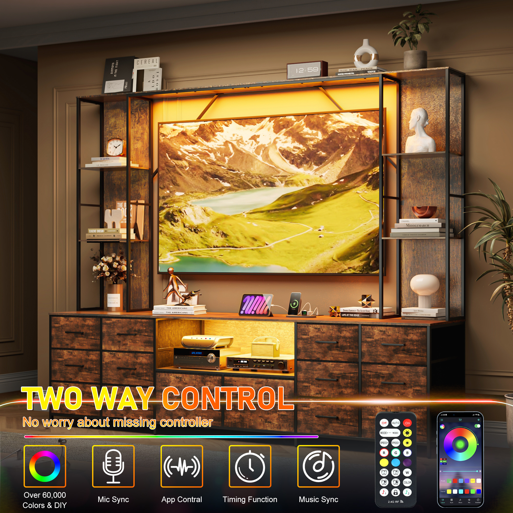 ANPOO 96" Large Wall Unit Entertainment Center with LED Lights & Charging Station, Wall Unit TV Stand with Bookshelves for Living Room, Modern Farmhouse TV Console with 14 Fabric Drawers