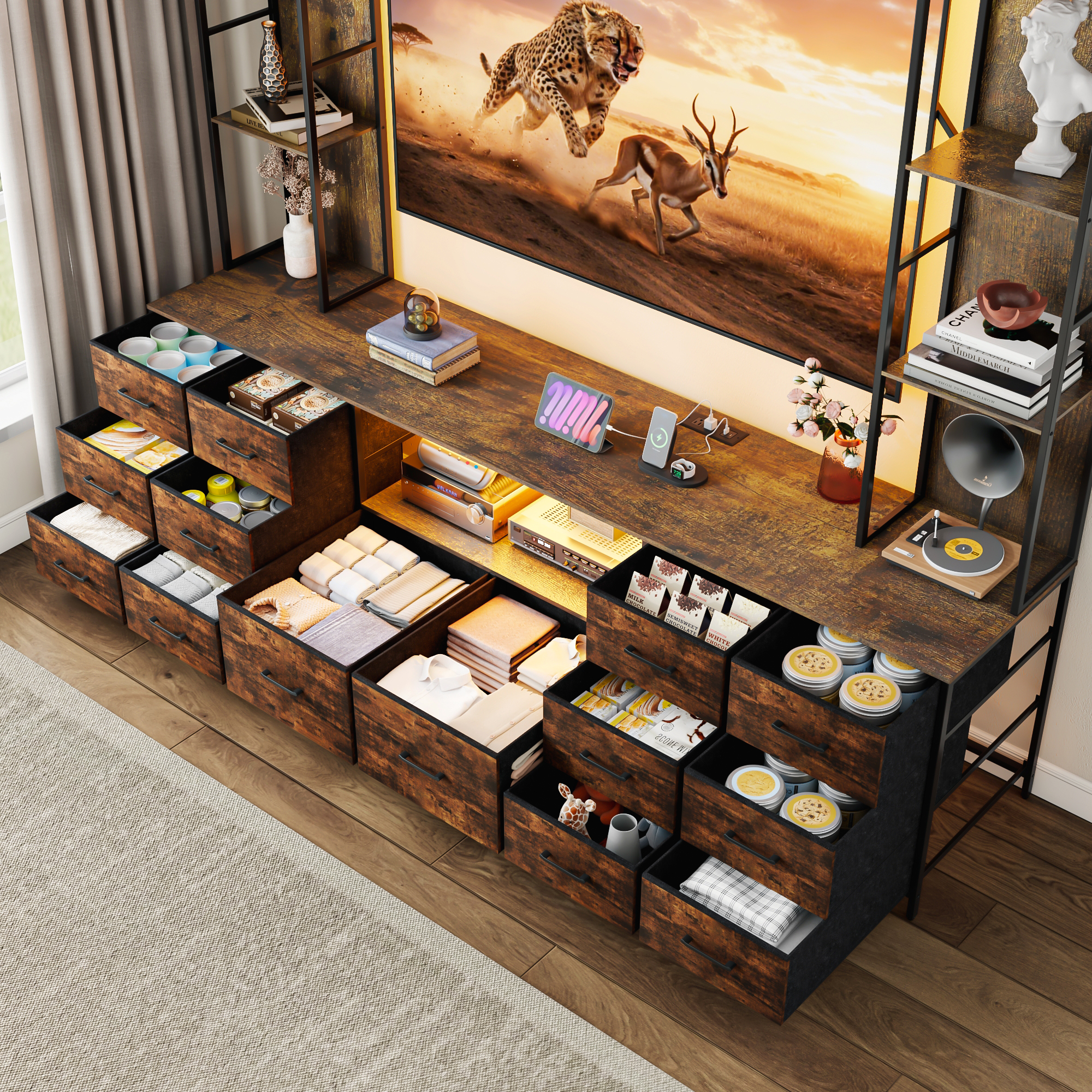 ANPOO 96" Large Wall Unit Entertainment Center with LED Lights & Charging Station, Wall Unit TV Stand with Bookshelves for Living Room, Modern Farmhouse TV Console with 14 Fabric Drawers