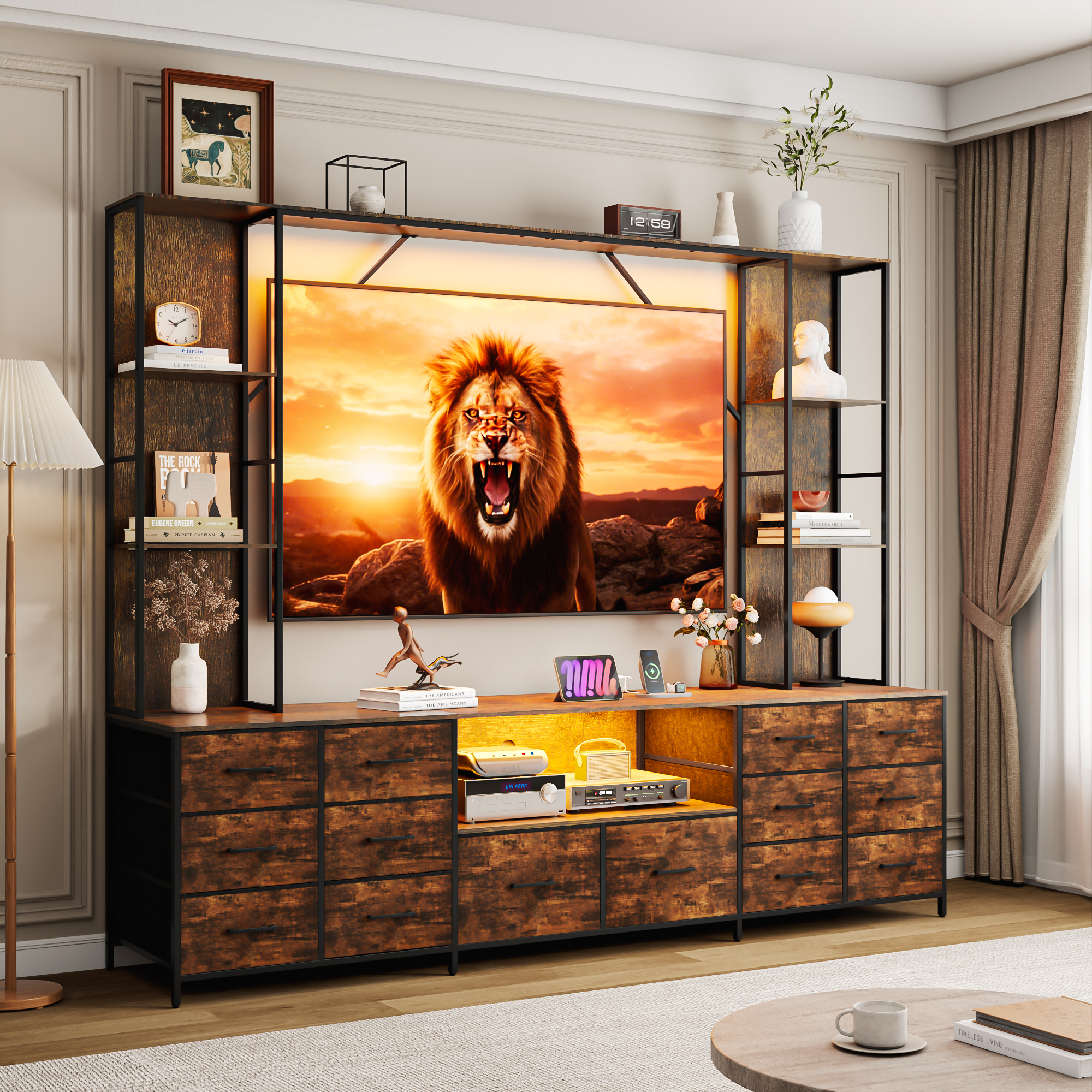 ANPOO 96" Large Wall Unit Entertainment Center with LED Lights & Charging Station, Wall Unit TV Stand with Bookshelves for Living Room, Modern Farmhouse TV Console with 14 Fabric Drawers