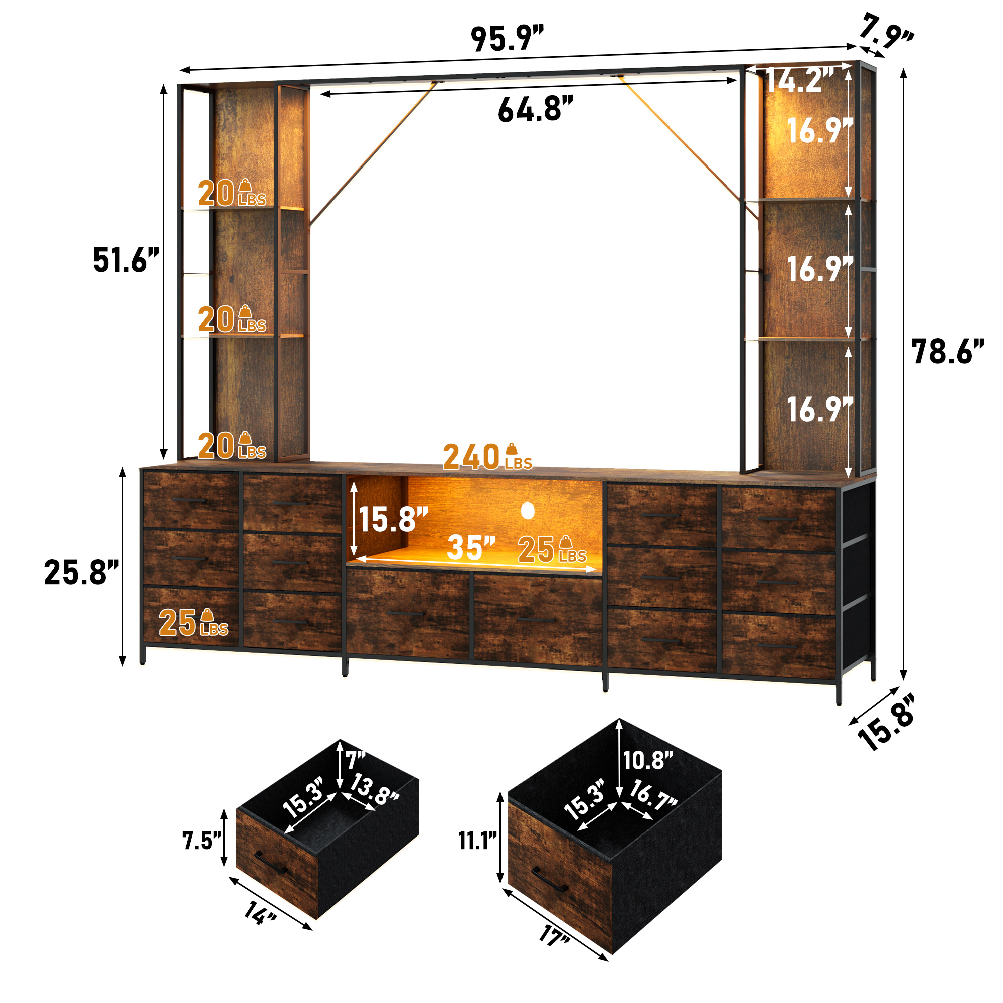 ANPOO 96" Large Wall Unit Entertainment Center with LED Lights & Charging Station, Wall Unit TV Stand with Bookshelves for Living Room, Modern Farmhouse TV Console with 14 Fabric Drawers
