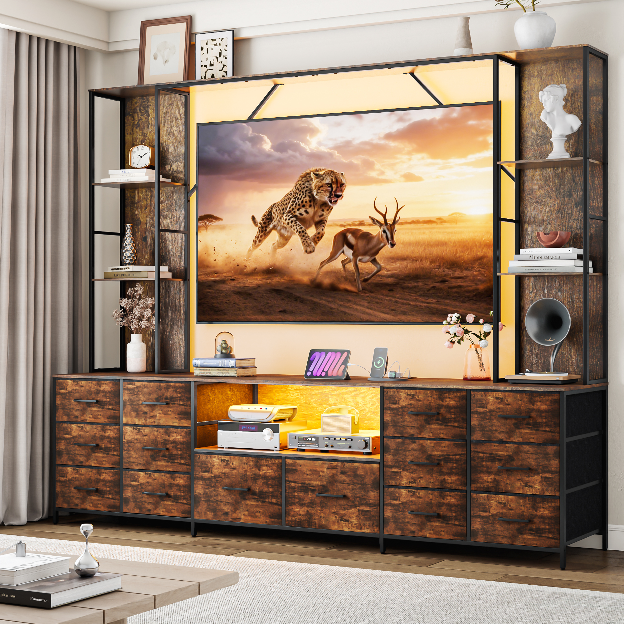 ANPOO 96" Large Wall Unit Entertainment Center with LED Lights & Charging Station, Wall Unit TV Stand with Bookshelves for Living Room, Modern Farmhouse TV Console with 14 Fabric Drawers