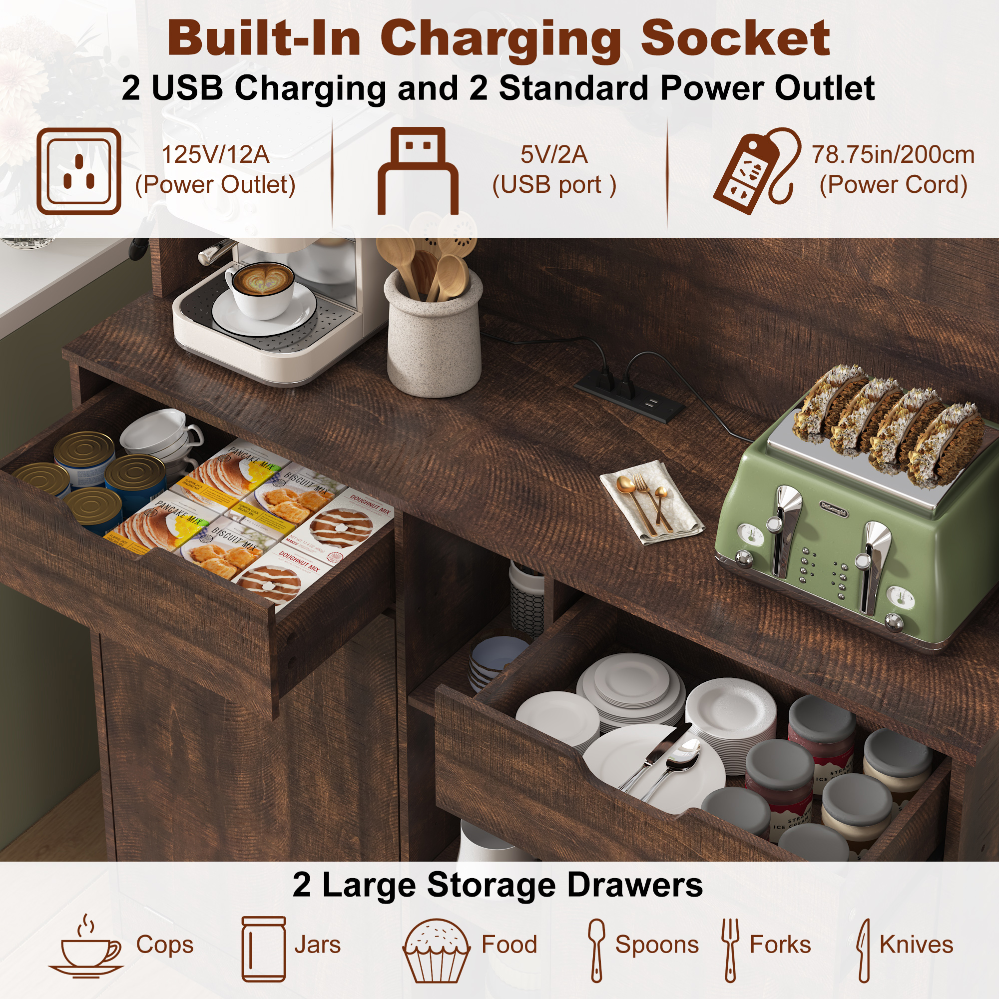 Blotout 71" Tall 46"Wide Kitchen Pantry Cabinet with Charging Station & Microwave Shelf, Farmhouse Kitchen Double Tilt Out Trash Cabinet 10X2 Gallon Garbage Holder with 2 Drawers Storage