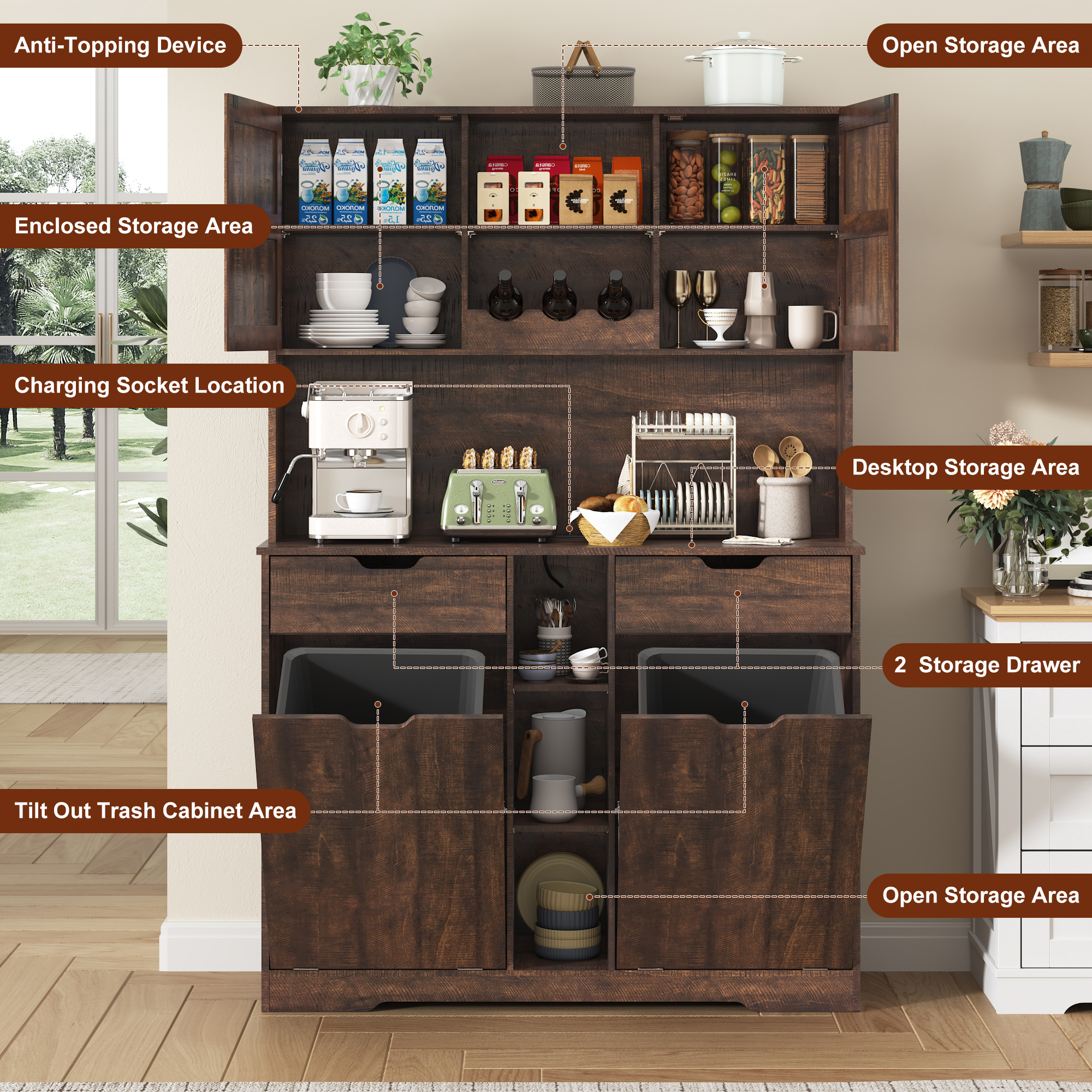 Blotout 71" Tall 46"Wide Kitchen Pantry Cabinet with Charging Station & Microwave Shelf, Farmhouse Kitchen Double Tilt Out Trash Cabinet 10X2 Gallon Garbage Holder with 2 Drawers Storage