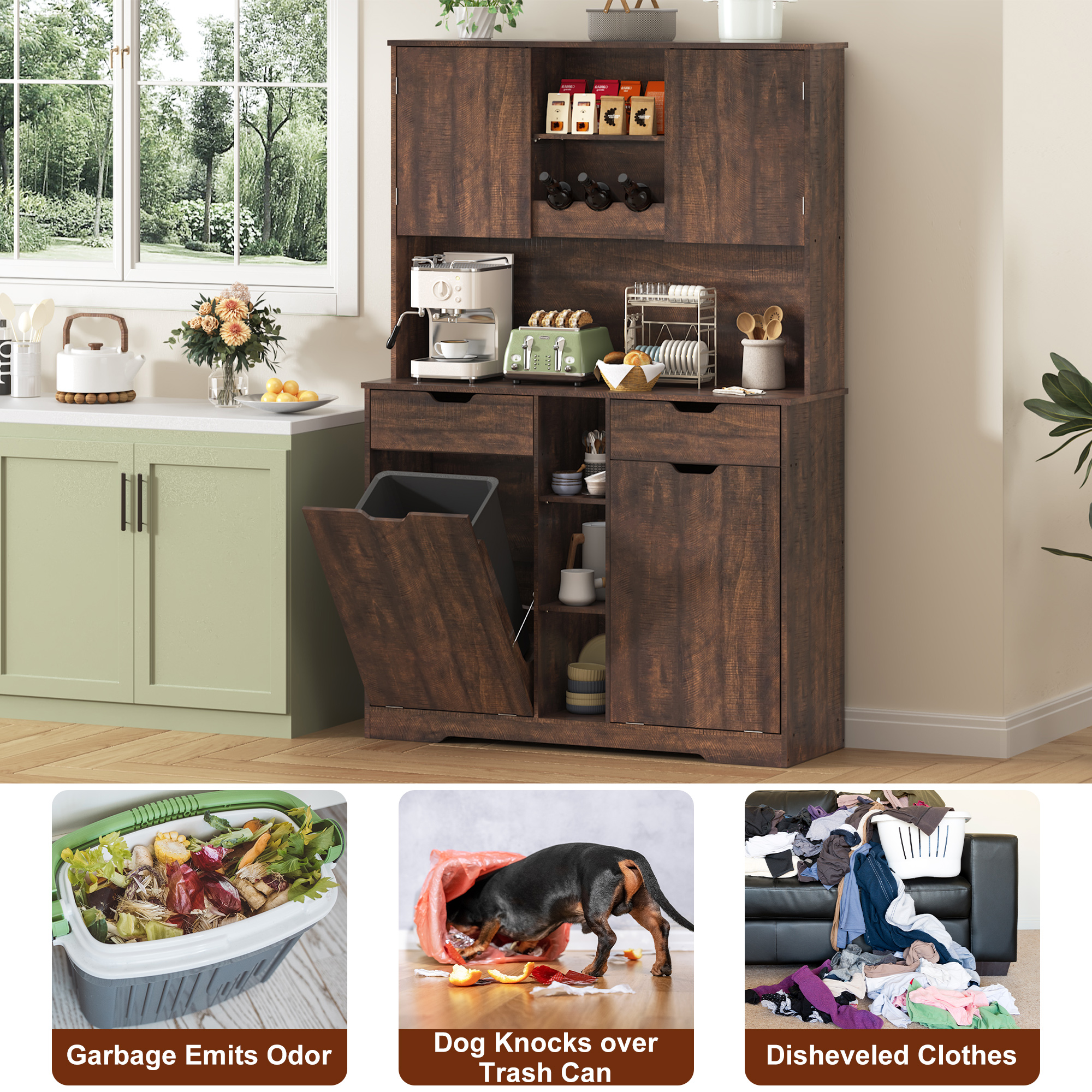 Blotout 71" Tall 46"Wide Kitchen Pantry Cabinet with Charging Station & Microwave Shelf, Farmhouse Kitchen Double Tilt Out Trash Cabinet 10X2 Gallon Garbage Holder with 2 Drawers Storage