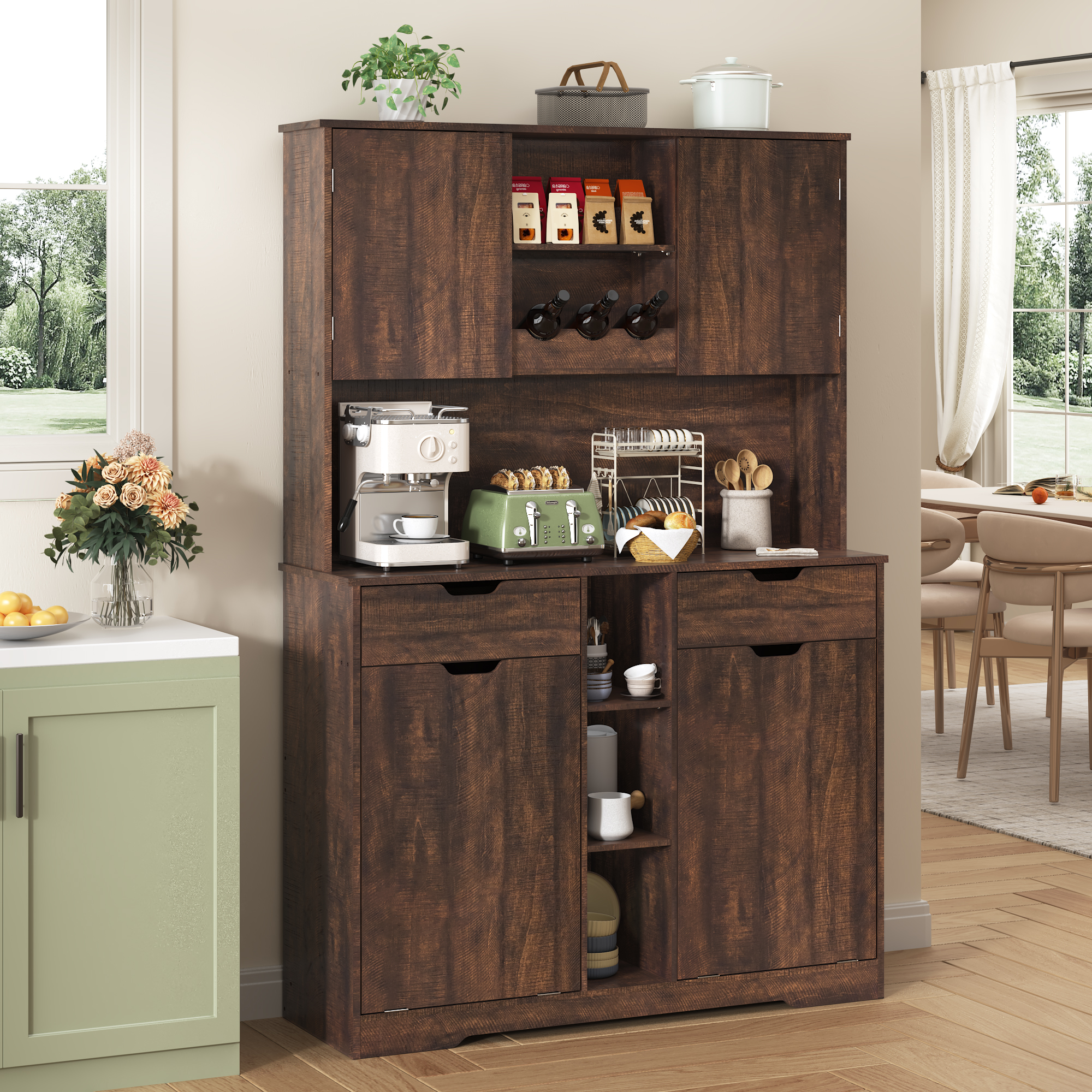 Blotout 71" Tall 46"Wide Kitchen Pantry Cabinet with Charging Station & Microwave Shelf, Farmhouse Kitchen Double Tilt Out Trash Cabinet 10X2 Gallon Garbage Holder with 2 Drawers Storage