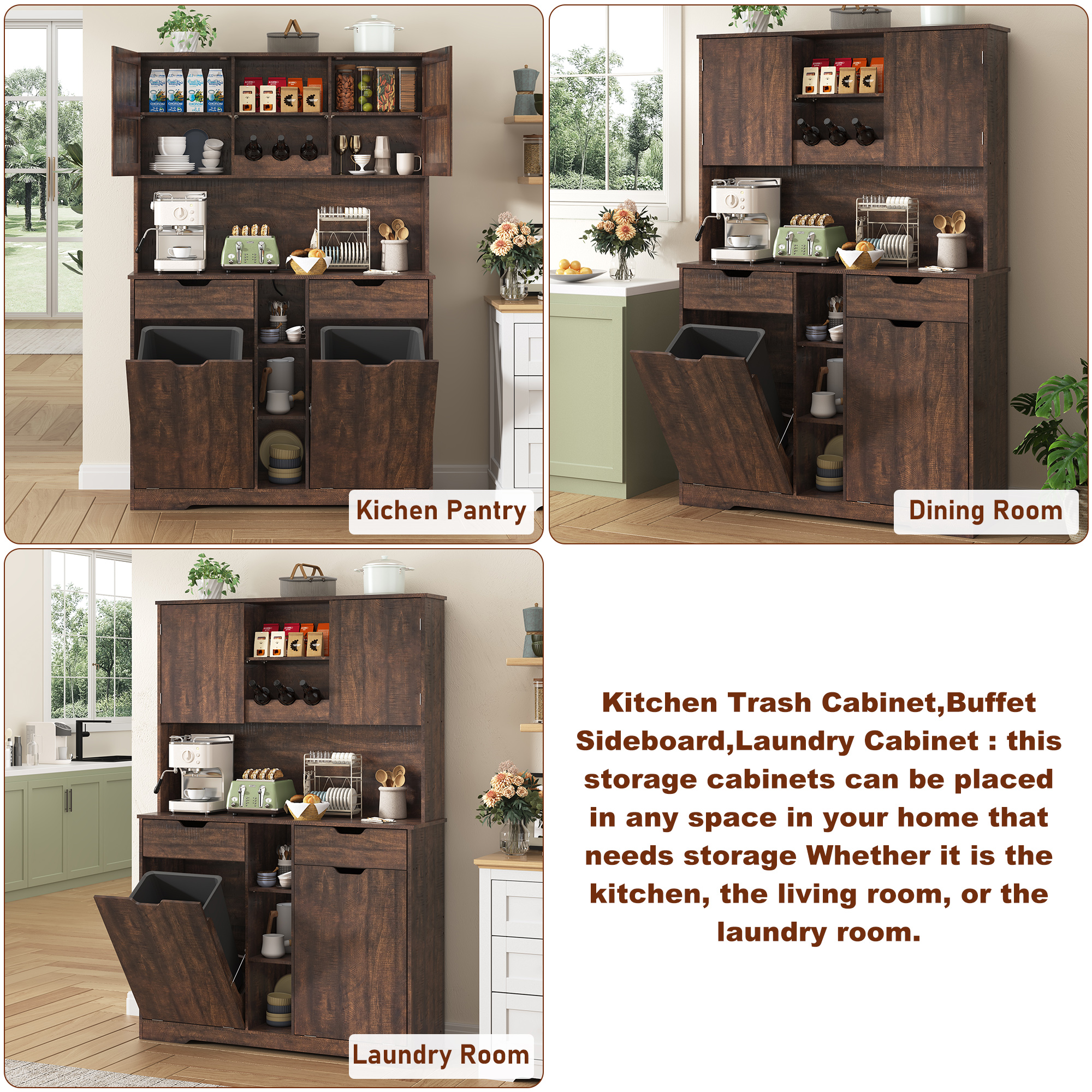 Blotout 71" Tall 46"Wide Kitchen Pantry Cabinet with Charging Station & Microwave Shelf, Farmhouse Kitchen Double Tilt Out Trash Cabinet 10X2 Gallon Garbage Holder with 2 Drawers Storage