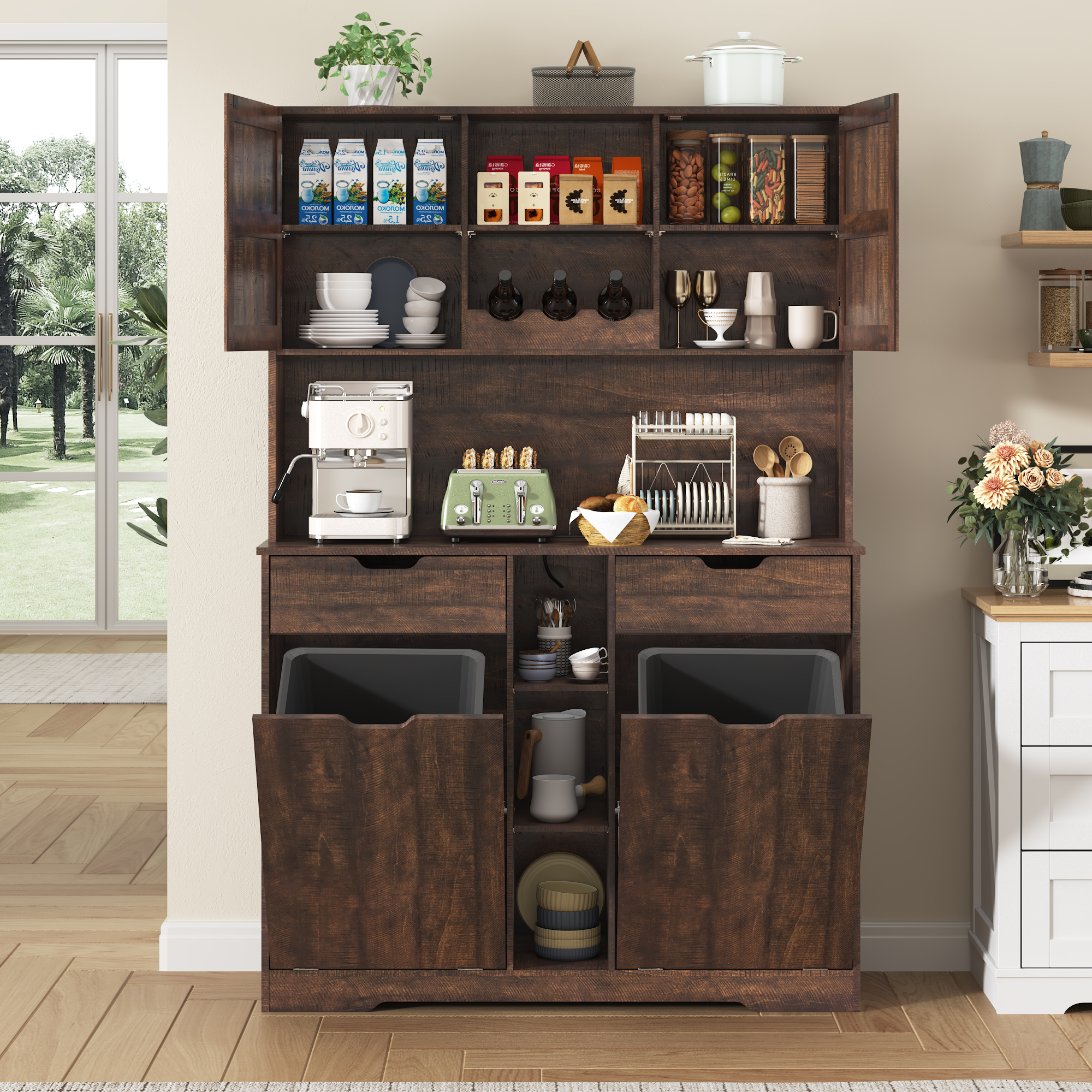 Blotout 71" Tall 46"Wide Kitchen Pantry Cabinet with Charging Station & Microwave Shelf, Farmhouse Kitchen Double Tilt Out Trash Cabinet 10X2 Gallon Garbage Holder with 2 Drawers Storage
