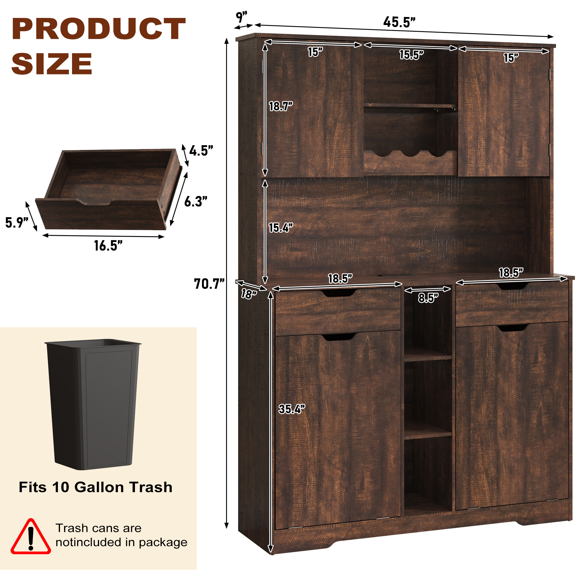 Blotout 71" Tall 46"Wide Kitchen Pantry Cabinet with Charging Station & Microwave Shelf, Farmhouse Kitchen Double Tilt Out Trash Cabinet 10X2 Gallon Garbage Holder with 2 Drawers Storage