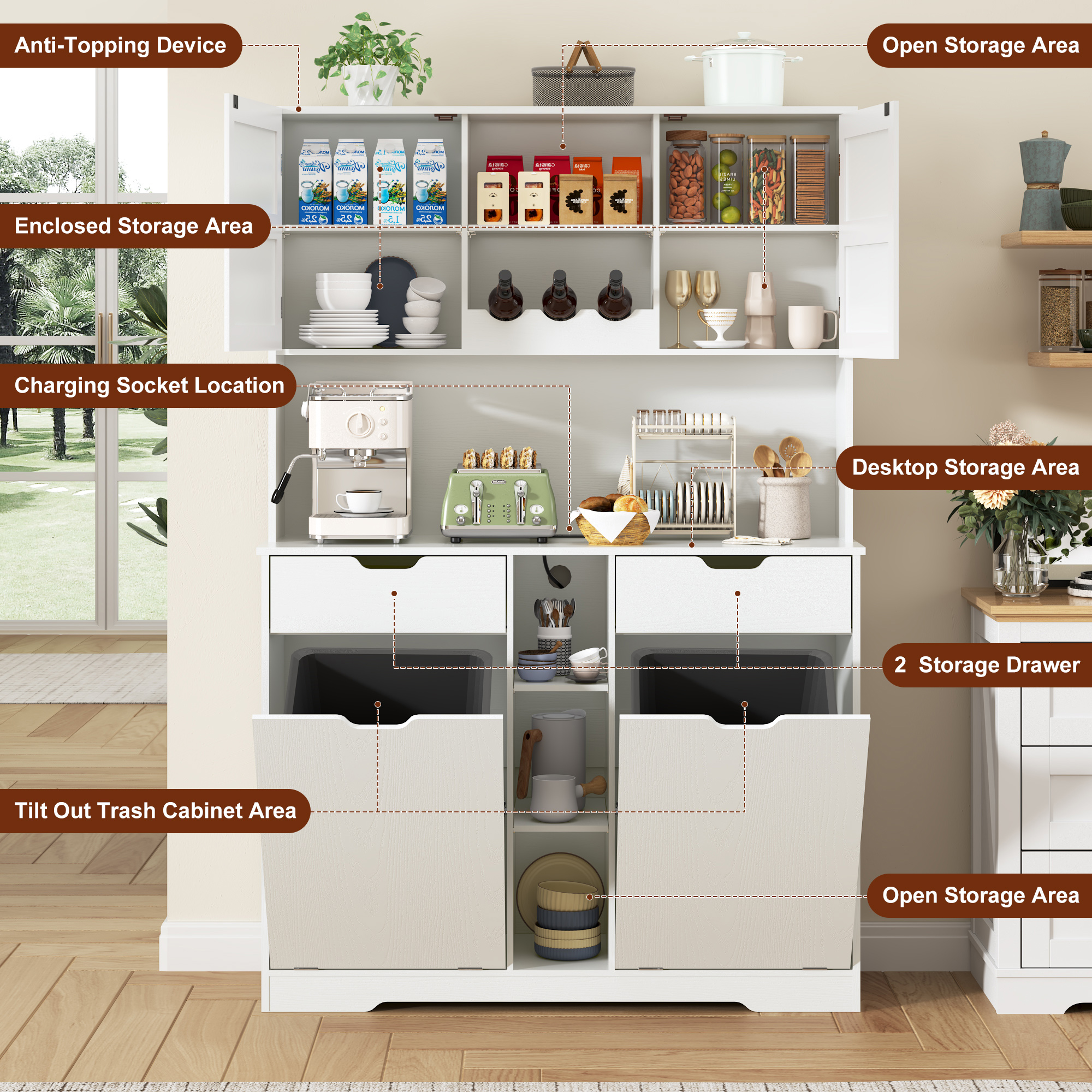 Blotout 71" Tall 46"Wide Kitchen Pantry Cabinet with Charging Station & Microwave Shelf, Farmhouse Kitchen Double Tilt Out Trash Cabinet 10X2 Gallon Garbage Holder with 2 Drawers Storage