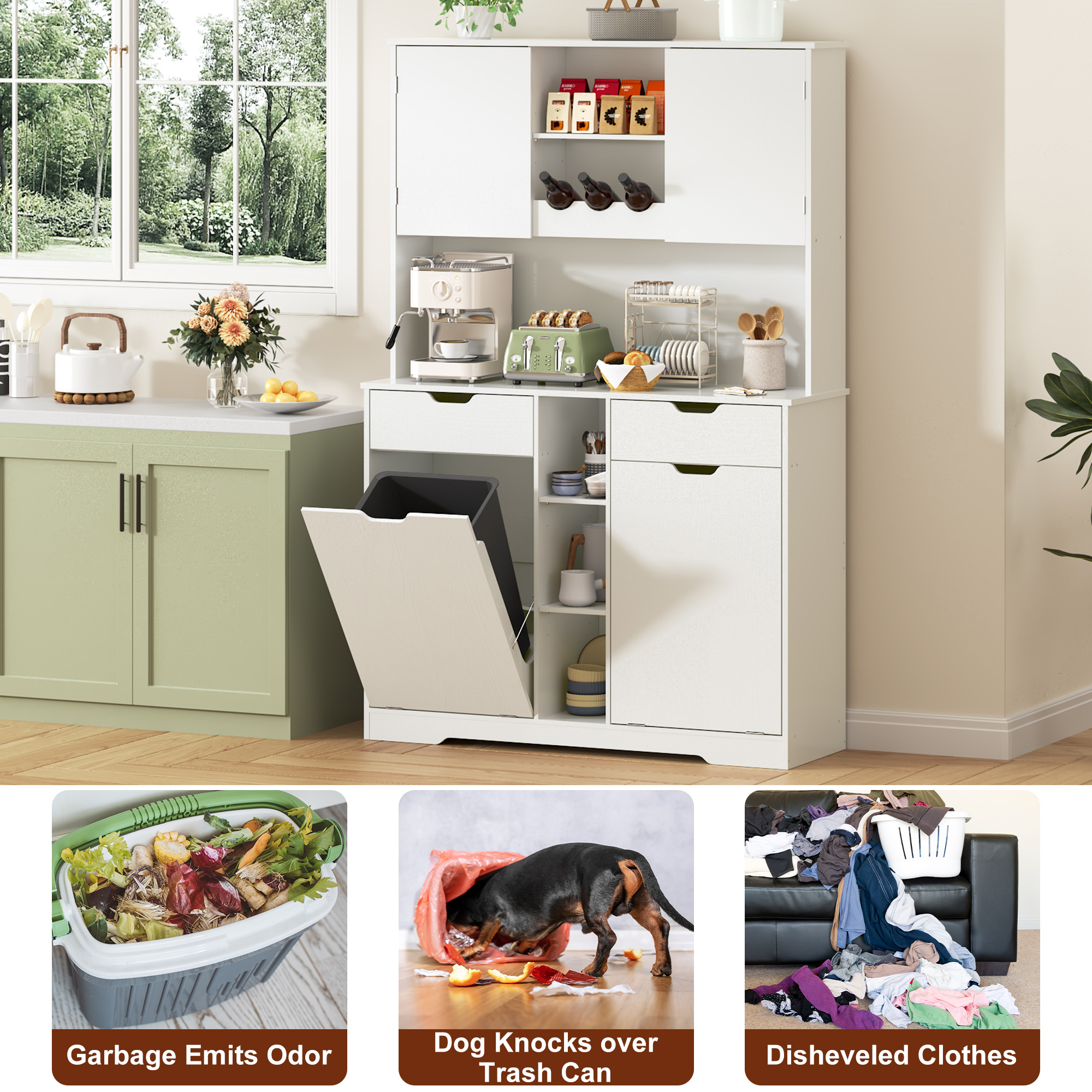 Blotout 71" Tall 46"Wide Kitchen Pantry Cabinet with Charging Station & Microwave Shelf, Farmhouse Kitchen Double Tilt Out Trash Cabinet 10X2 Gallon Garbage Holder with 2 Drawers Storage