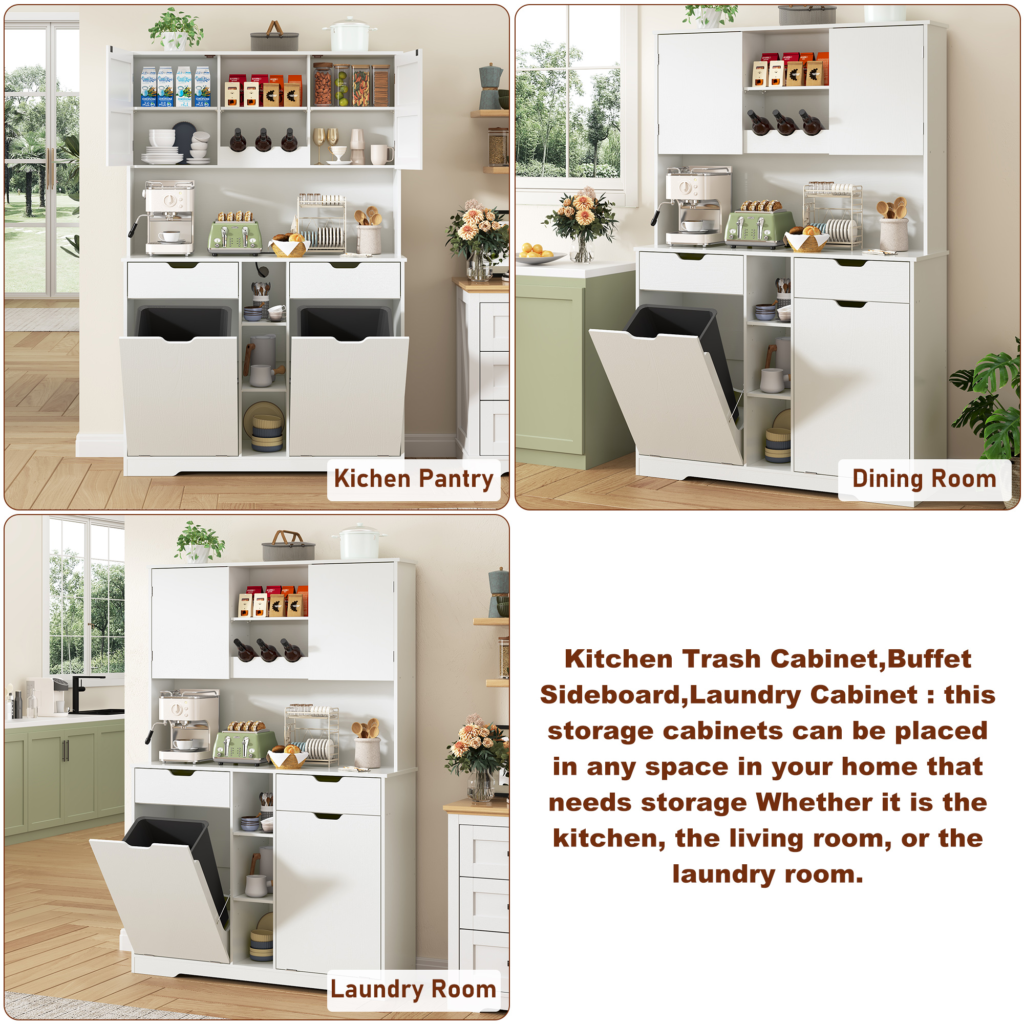 Blotout 71" Tall 46"Wide Kitchen Pantry Cabinet with Charging Station & Microwave Shelf, Farmhouse Kitchen Double Tilt Out Trash Cabinet 10X2 Gallon Garbage Holder with 2 Drawers Storage