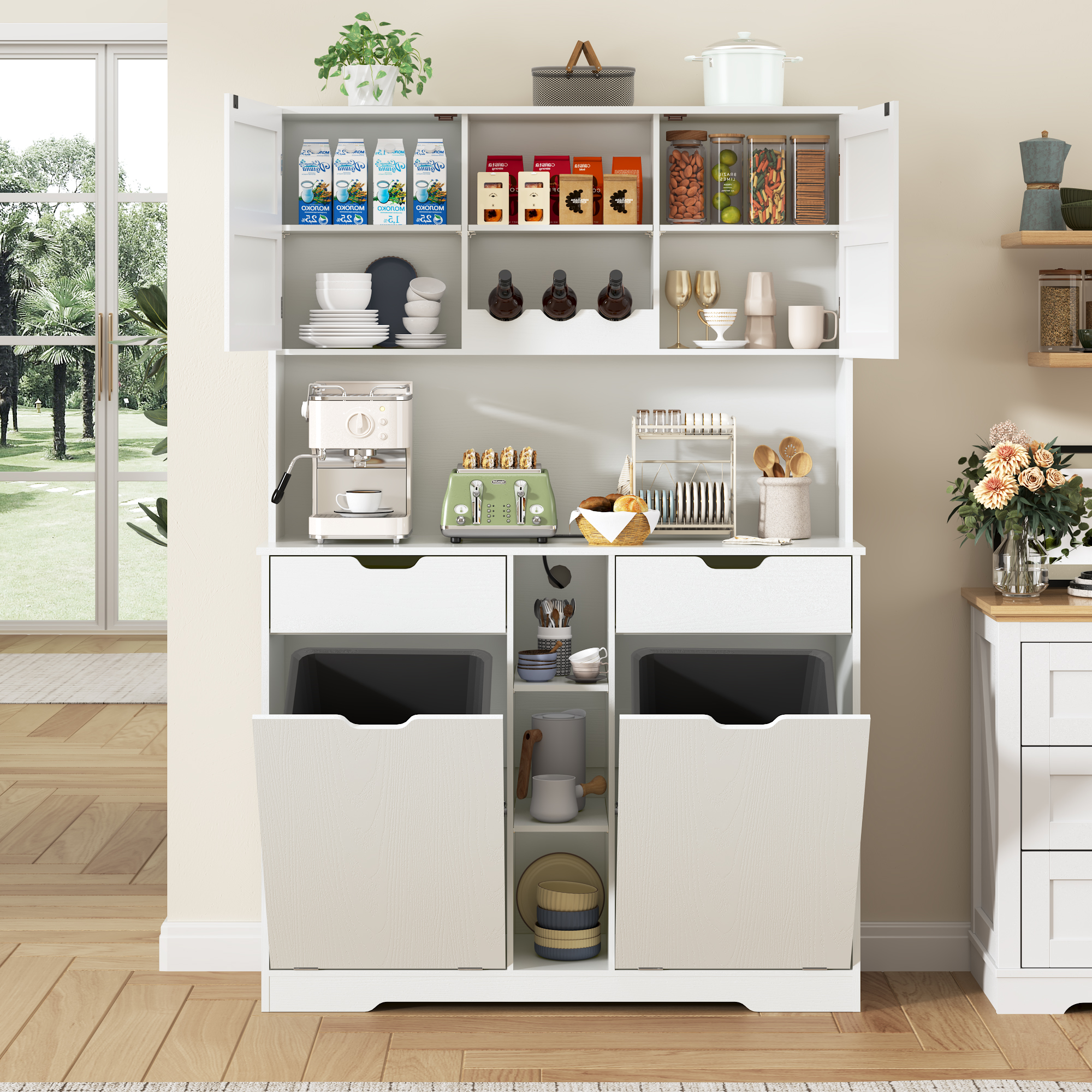 Blotout 71" Tall 46"Wide Kitchen Pantry Cabinet with Charging Station & Microwave Shelf, Farmhouse Kitchen Double Tilt Out Trash Cabinet 10X2 Gallon Garbage Holder with 2 Drawers Storage